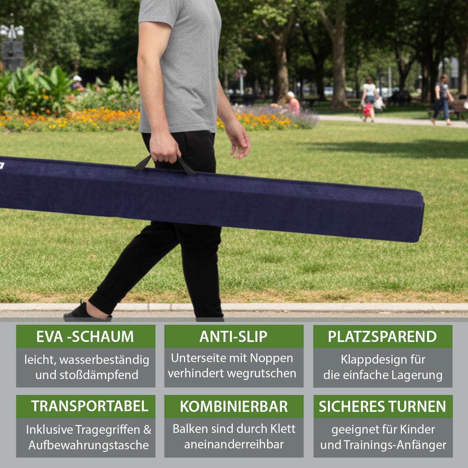 TRUTZHOLM Balanceboard Schwebebalken 300 cm blau tragbarer Turnbalken inkl.Tragetasche, klappbar, tragbar, bodennah, kombinierbar
