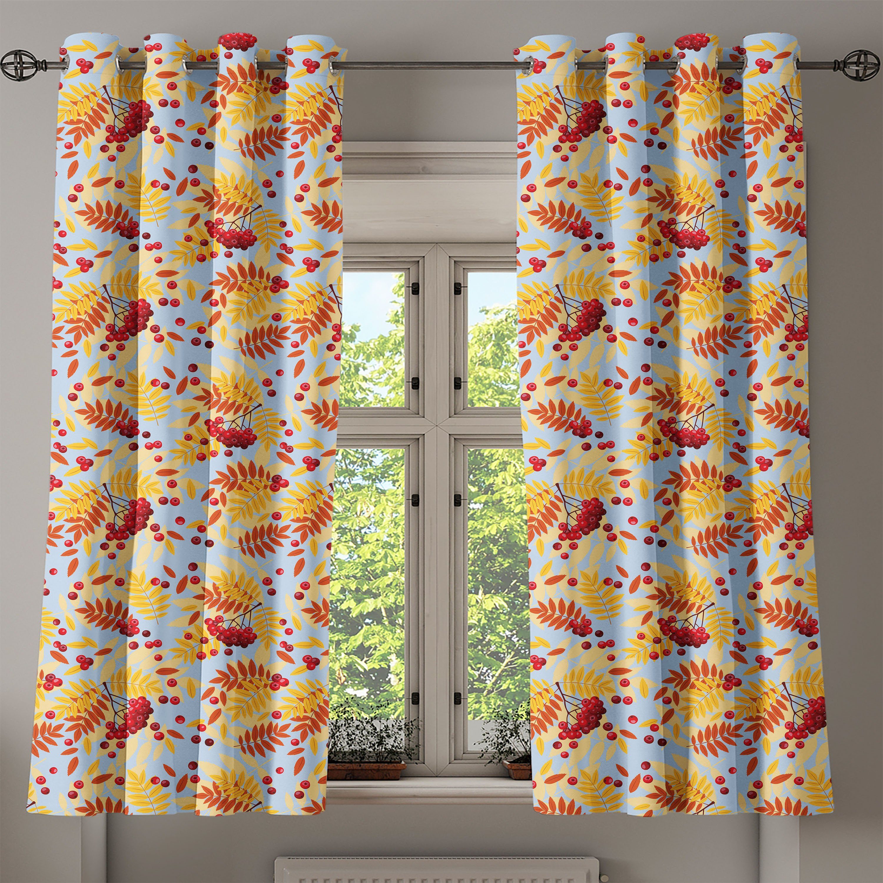 Gardine Dekorative 2-Panel-Fenstervorhänge für Eberesche Getrocknete Blätter Wohnzimmer, Reife Abakuhaus, Beeren Schlafzimmer