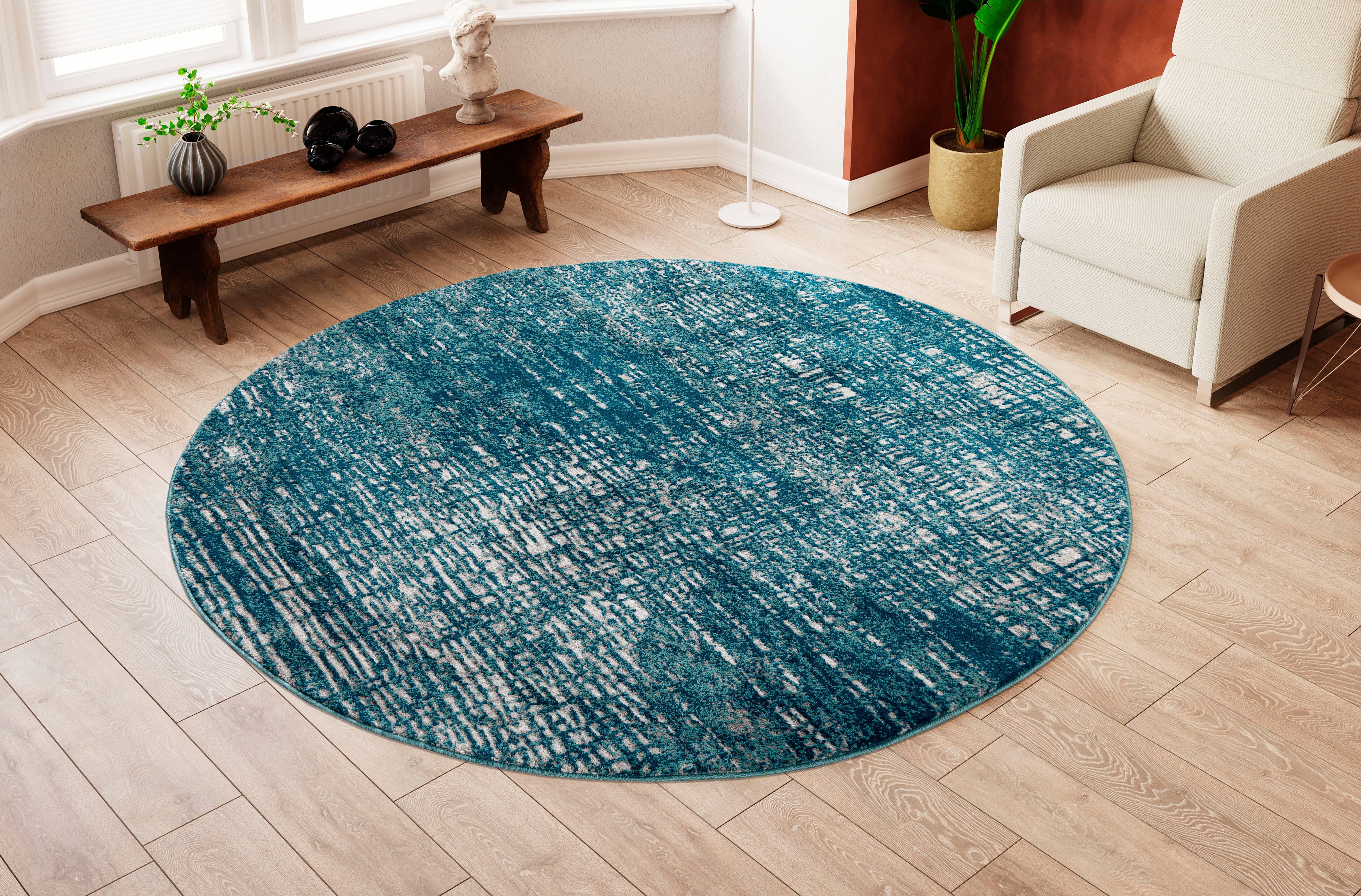 Teppich Ariano, Home Schrumpf-Carving-Effekt mm, blue Glanz, 12 rund, Hoch-Tief-Struktur, dezenter affaire, Vintage, Höhe