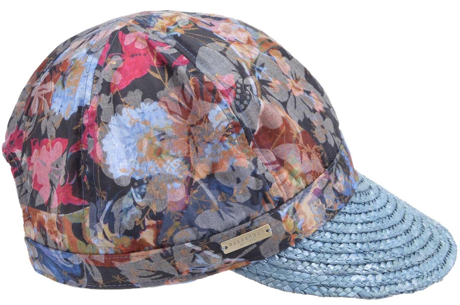 Seeberger Strohhut Schirmmütze mit Strohschirm und buntem Stoff