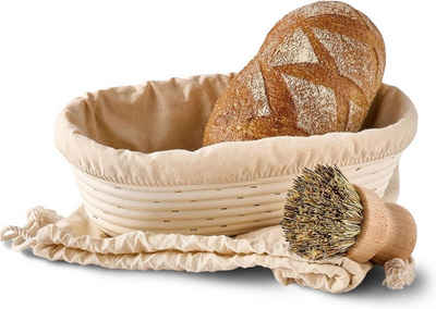 Praknu Gärkorb Für Brot Oval länglich 28 cm - Gärkörbchen für Brotteig zum Brotbacken, Aus nachhaltigem Rattan - Geruchsneutral - Mit Backutensilien