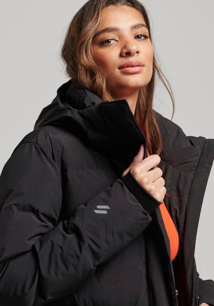 Black Superdry Steppmantel PUFFER HOODED JACKET LONGLINE