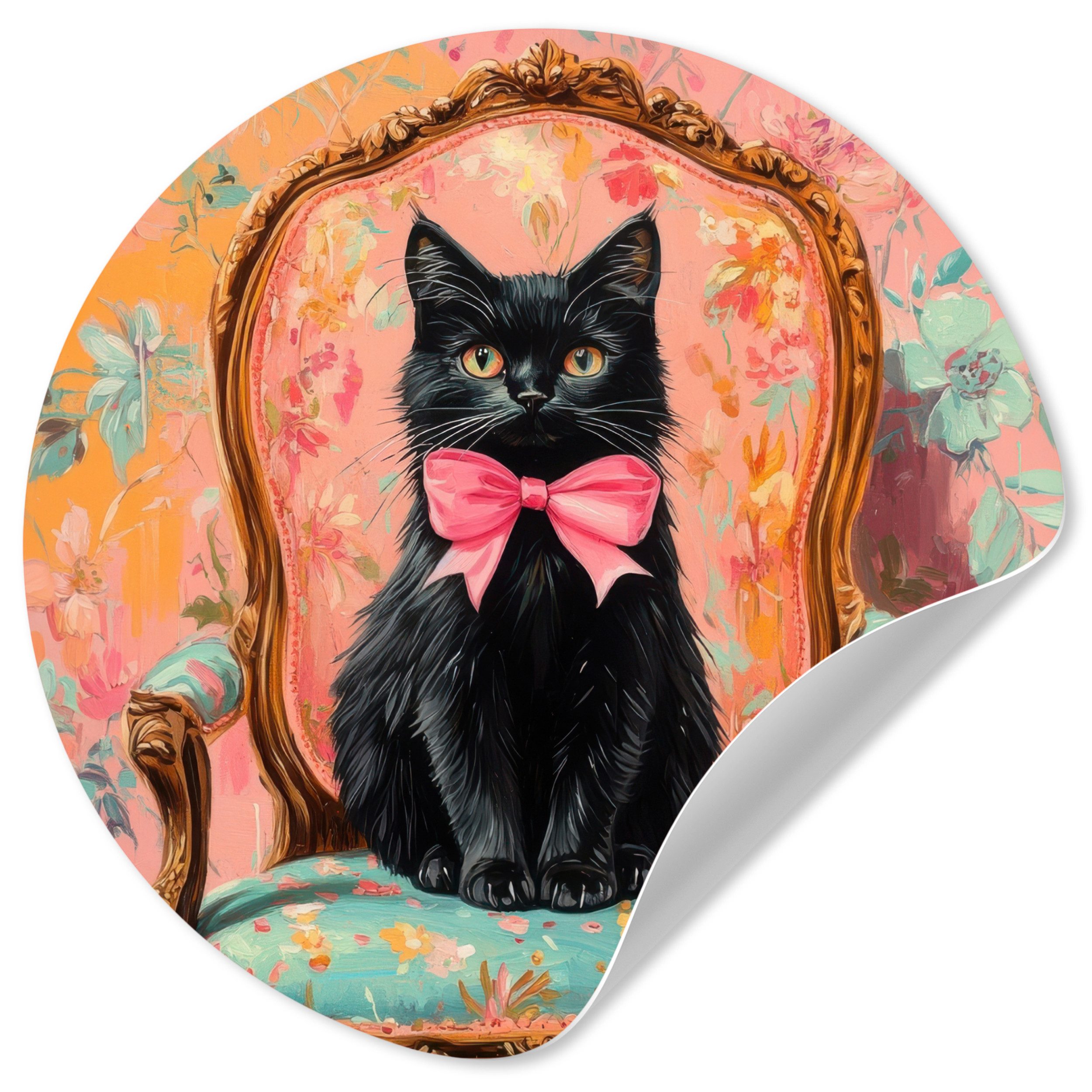 MuchoWow Wandsticker Katze - Rosa - Stuhl mit Blumenmuster (1 St), Selbstklebende Runde Vliestapete, Wohnzimmer, 140x140 cm