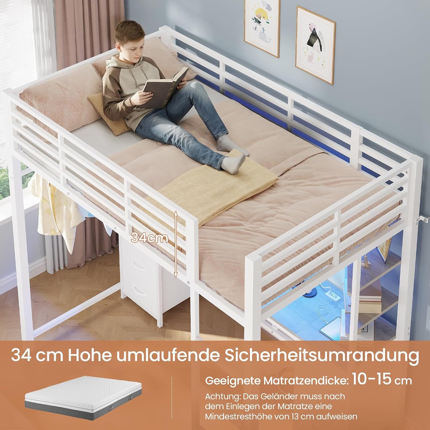 MSMASK Hochbett Jugendbett mit Schreibtisch, 6 großen Schubladen & 4 Ablagen (Ohne Matratze) Kinderbett mit Metall-Rausfallschutz und Leiter, 90x200cm – Bild 5 von 5