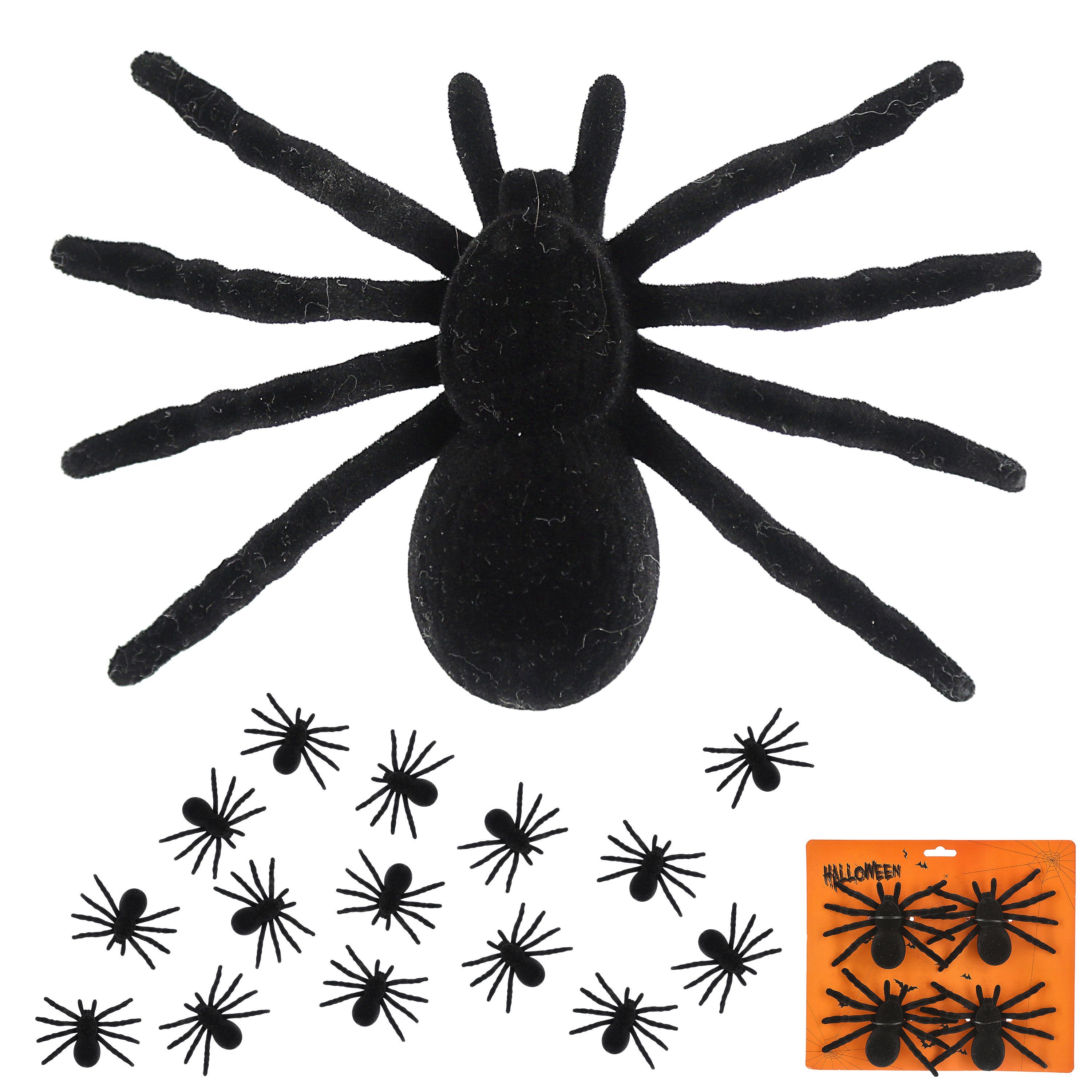 Set beflockt Spinnen schwarz Dekofigur 10x7cm CEPEWA Kunststoff Deko Polyester 4x4er