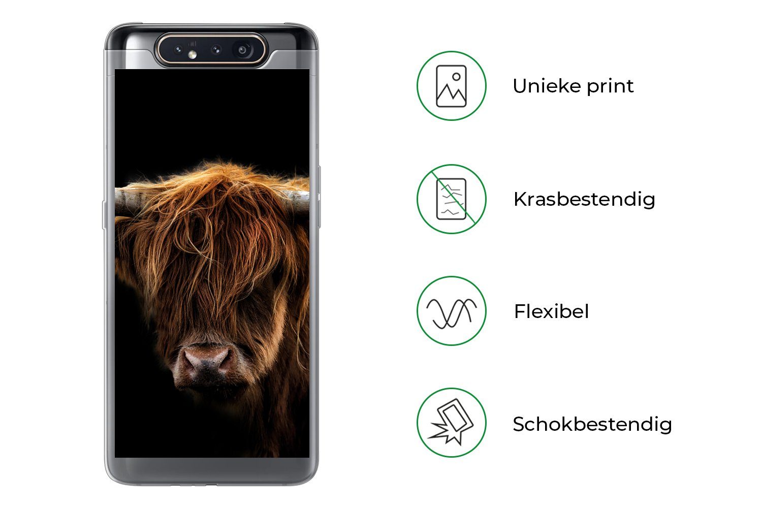 MuchoWow Handyhülle für Samsung Galaxy A80 Schottischer Highlander - Hörner - Schwarz - Ti, Phone Case, Silikon, Schutzhülle Dünn