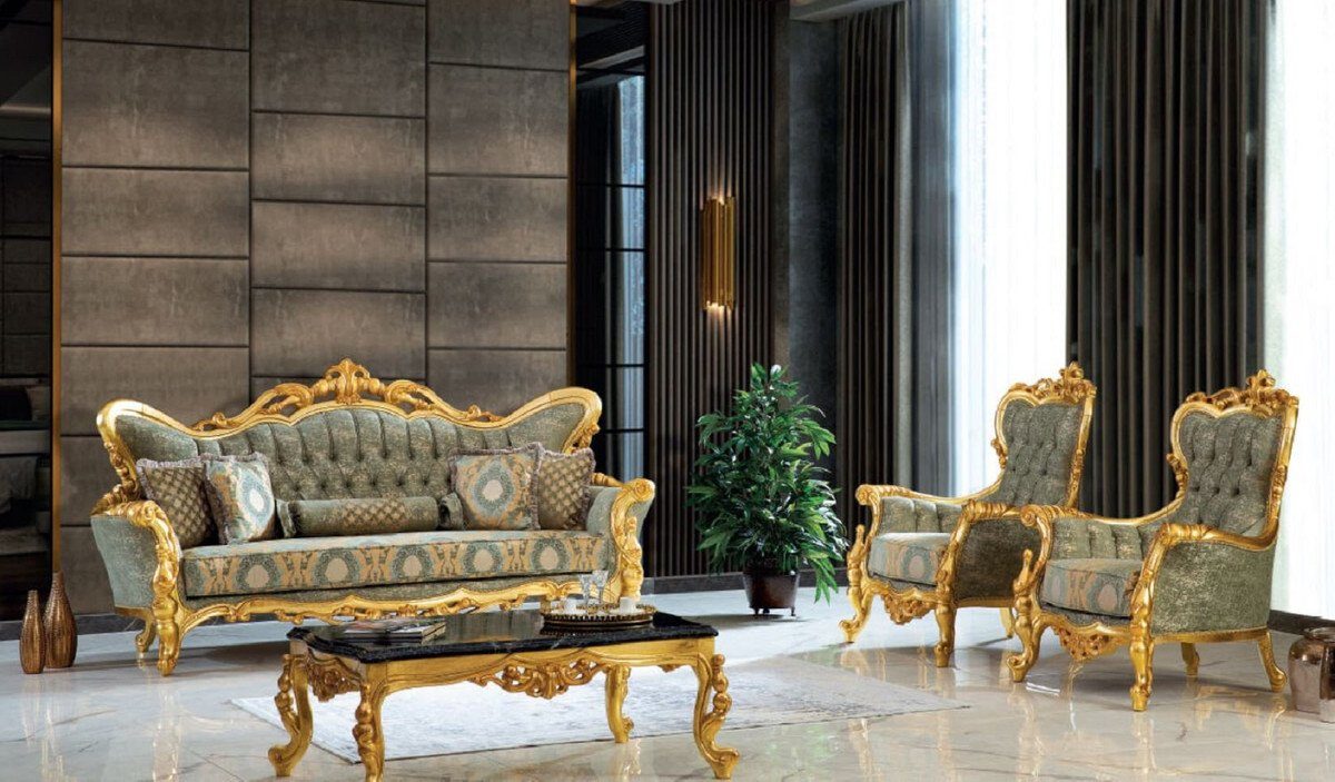 Casa Padrino 122 Wohnzimmer - Prunkvoll elegantem Sessel cm / Muster Grün Edel - Möbel Handgefertigter Barock x & Sessel 100 Sessel Gold - mit Barock H. Luxus x Wohnzimmer 85
