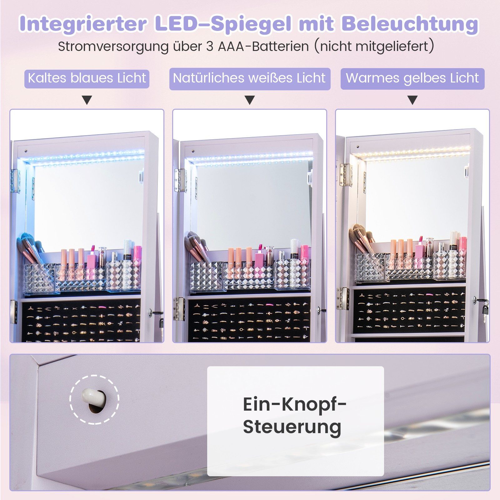 COSTWAY Schmuckschrank mit Spiegel & LED, auf Rollen, stehend, abschließbar