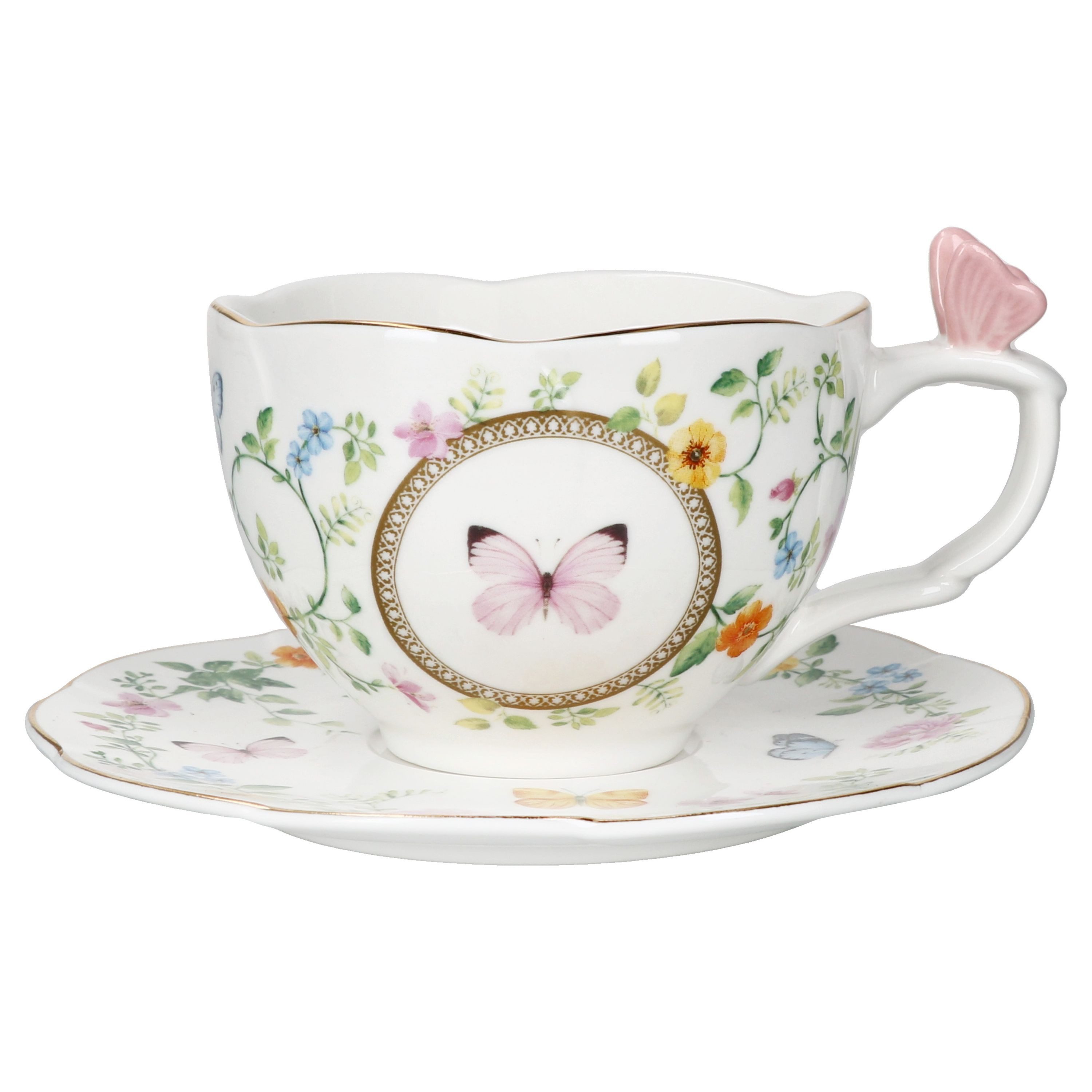 MamboCat Tasse MamboCat Dancing Butterflies Tasse mit Untertasse Porzellan Goldrand, Porzellan