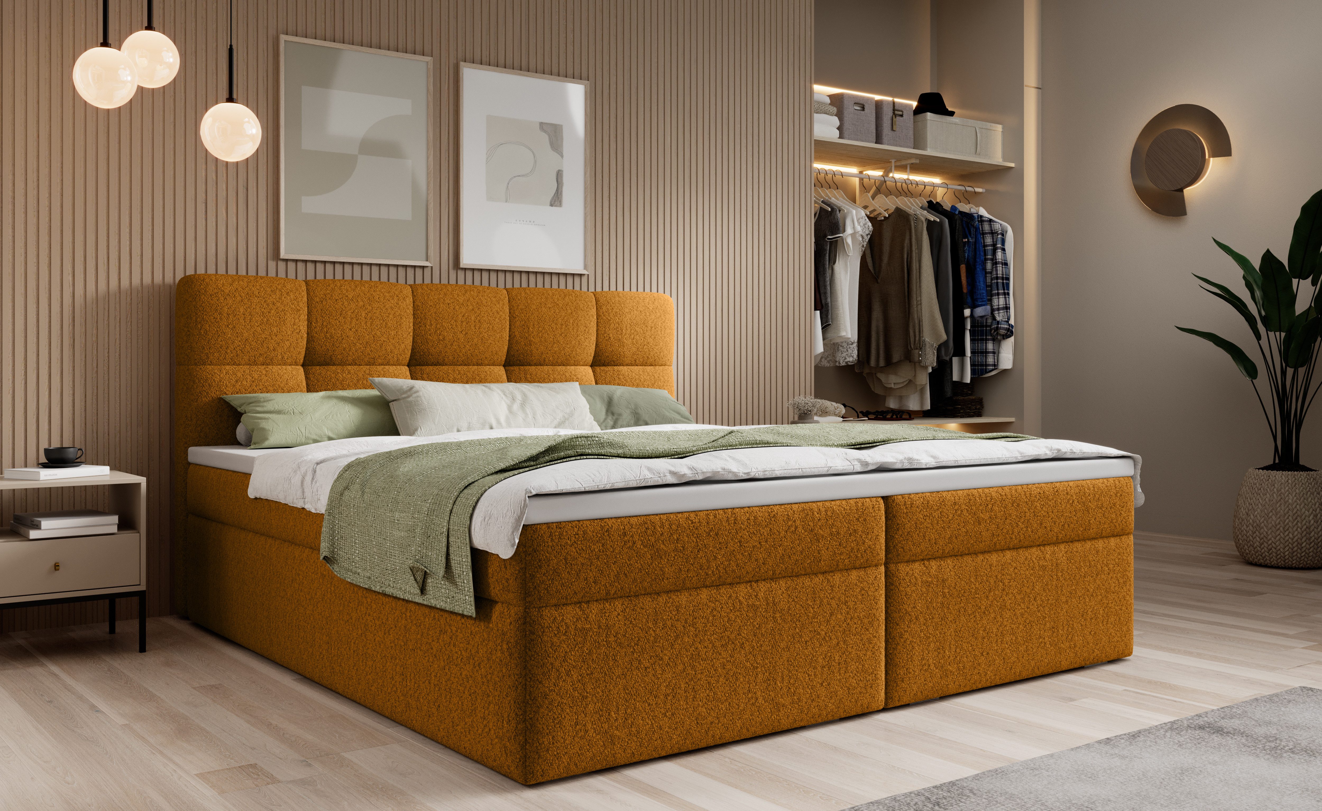 thematys Boxspringbett mit Bettkasten 140x200–200x200 cm – Velours oder Bouclé Bezug – (Boxbett - Luxus Doppelbett mit Stauraum, Boxbett - Luxus Doppelbett mit Stauraum)