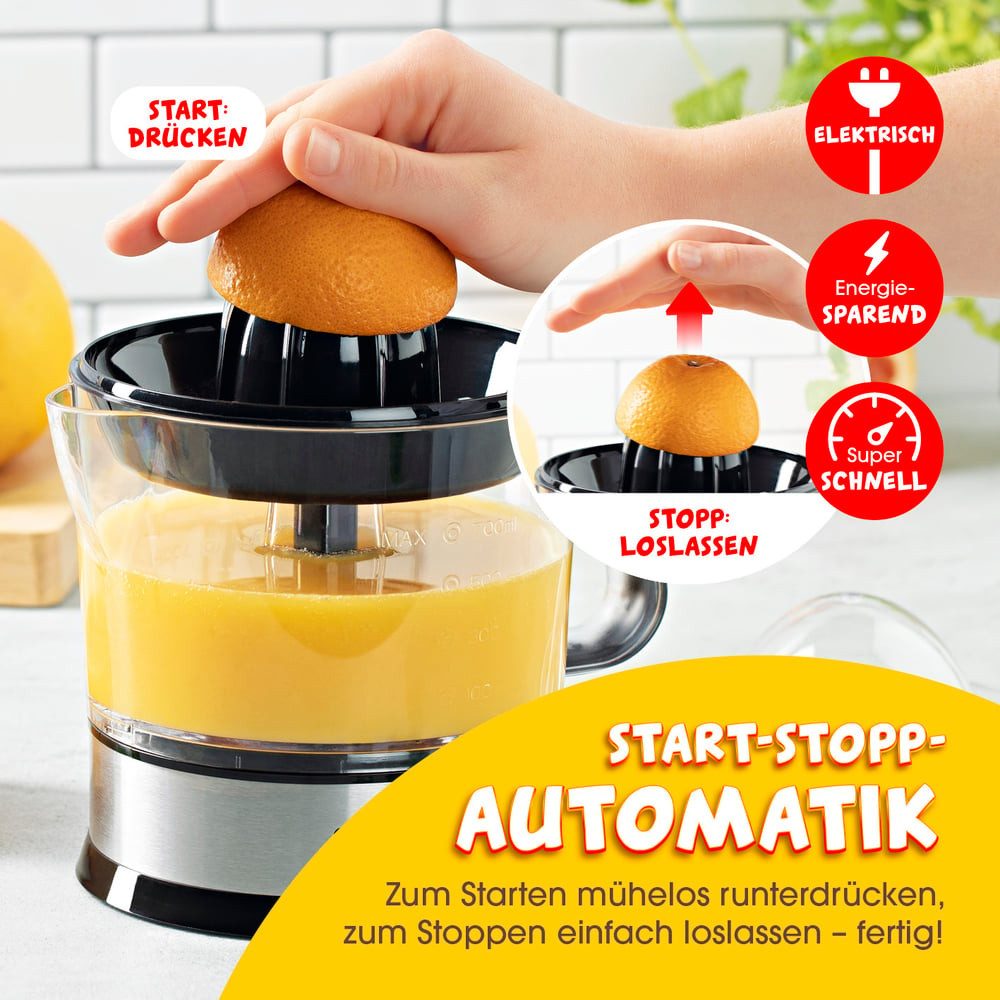 GOURMETmaxx Zitruspresse Elektrische Zitruspresse Für bis zu 700 ml Saft, 40 W, 2 Pressaufsätze für frisch-gepressten Saft aus Orangen,Grapefruits etc