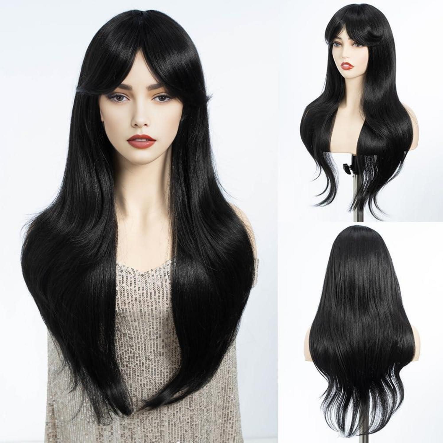 LuxusKollektion Kunsthaarperücke Perücke Schwarz Lang Fransen Pony Synthetisch Cosplay 66 cm 1B