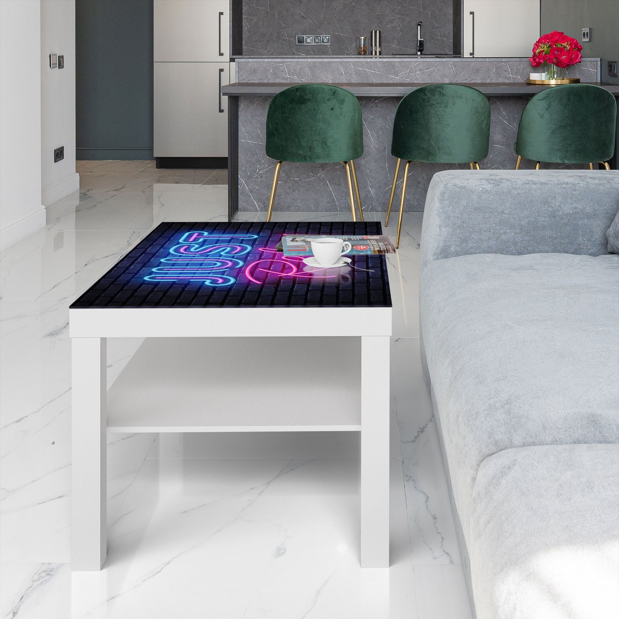 Glas DEQORI Neon-Design', modern Beistelltisch 'Spruch Weiß Glastisch im Couchtisch