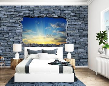 wandmotiv24 Fototapete 3D Sonnenaufgang - grobe Steinmauer, glatt, Wandtapete, Motivtapete, matt, Vliestapete