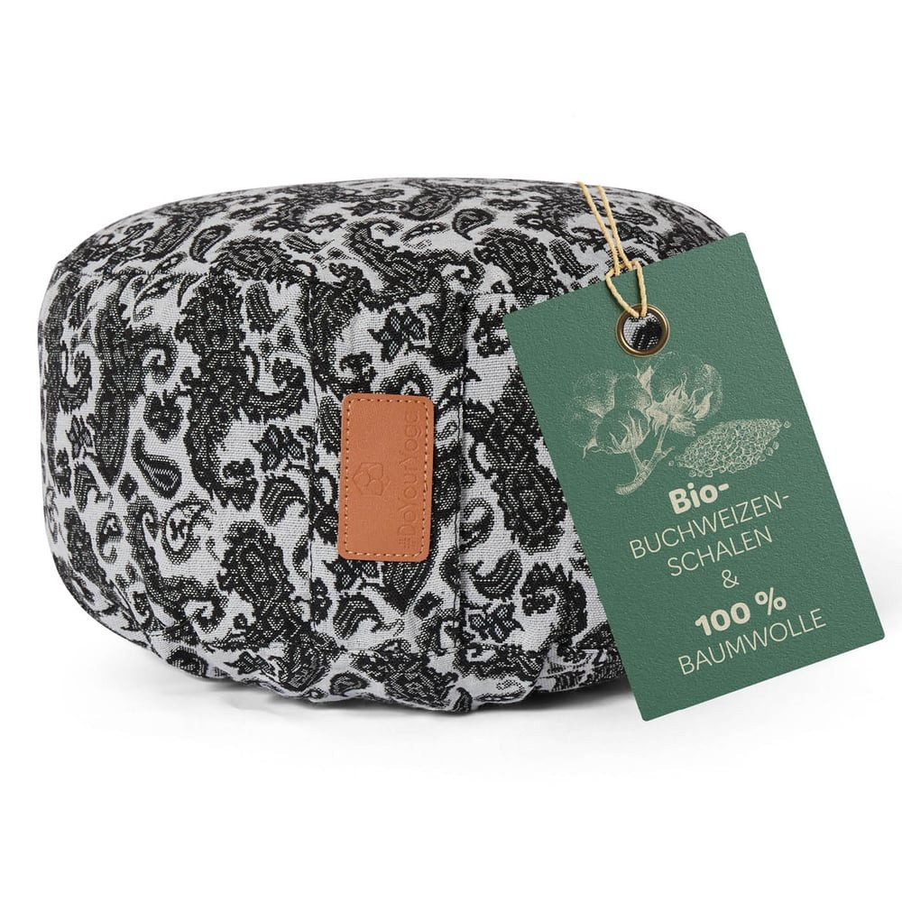 #DoYourYoga Yoga Bolster Kissen Vishnu - gefüllt mit Bio-Buchweizenschalen, - Rund 30 x 30 x 15 cm - Style 3 (Weiß-Schwarz)