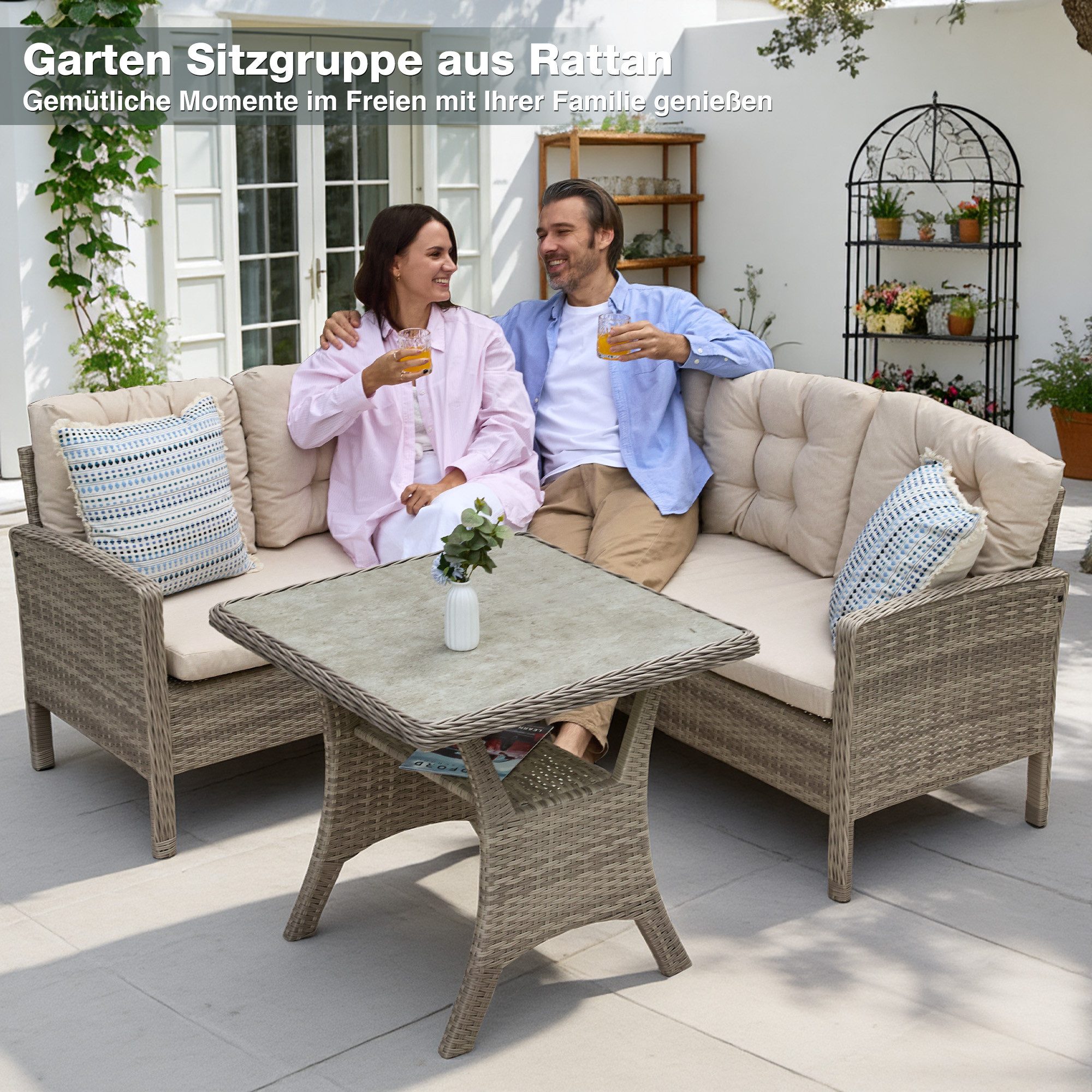 HOMECALL Gartenlounge-Set Gartenlounge-Set Dining Lounge mit Esstisch, Rattan für 5-6 Personen, (Set, 2x 2er Sofa, 1x 1er Sofa, 1x Tisch 73x73x69cm,Loungeset Outdoor), Wetterfester Rahmen Sitzbereich für 5 Personen, COMLAX FIELD
