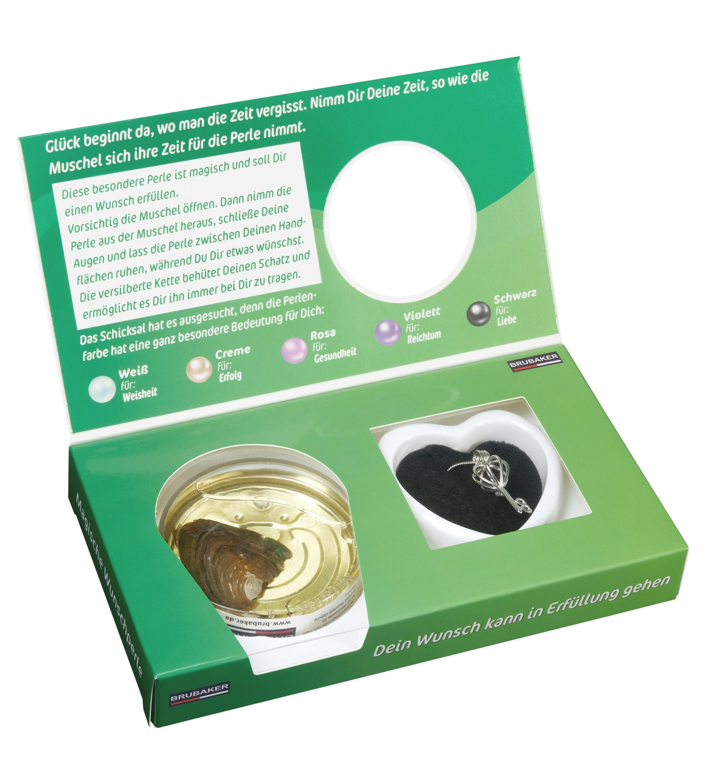 BRUBAKER Perlenketten-Set Wunschperle "Glück" (Muschel mit echter Perle als Schmuck Geschenkset für die Freunde und Familie - Grün mit Kleeblättern, Set), Halskette mit Silber Schlüssel Anhänger