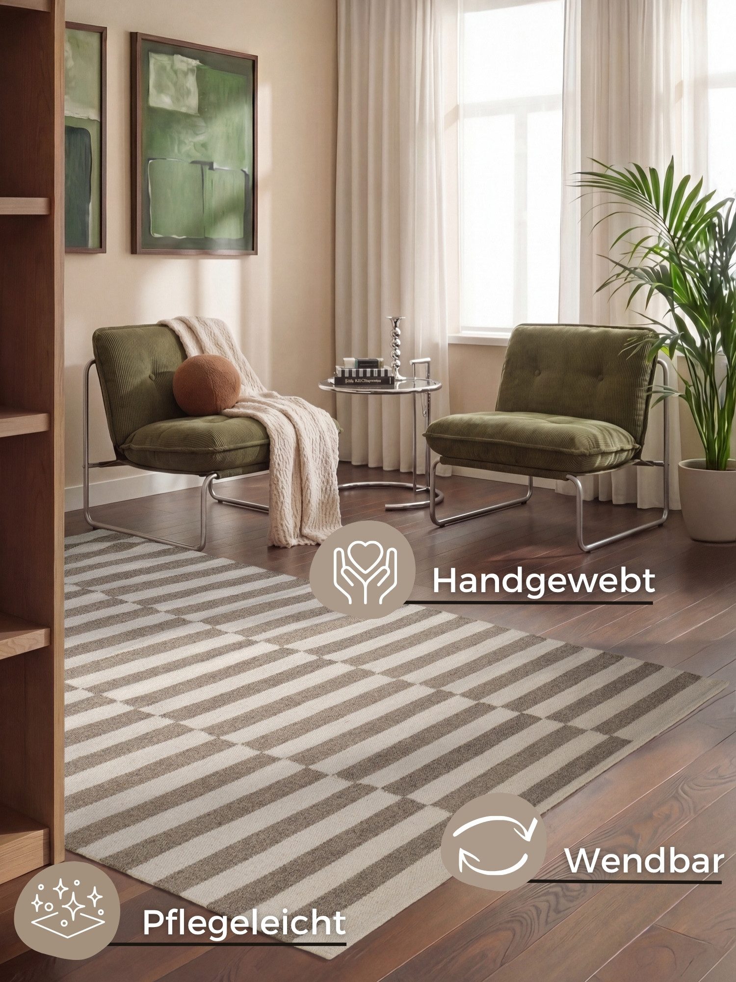 HANSE Home Wollteppich Vika, schwarz-weiss, rechteckig, Höhe: 5 mm, Handgewebt, Wolle, Natur, Läufer, Wohnzimmer, Schlafzimmer, Streifen