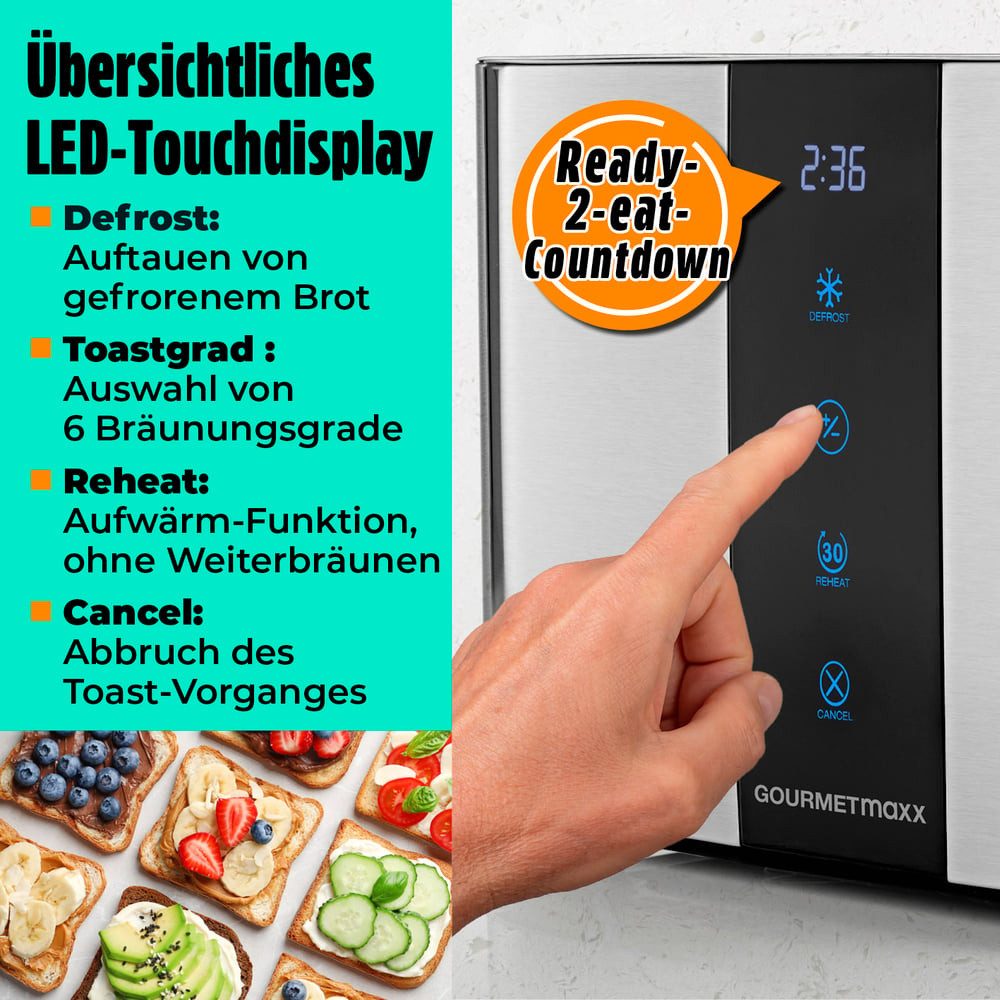 GOURMETmaxx Toaster Toaster 2 Scheiben Kurzschlitz mit Touch-Display, 800 W, 800W schwarz, 6 Bräunungsgrade, Touchscreen, Brötchenaufsatz