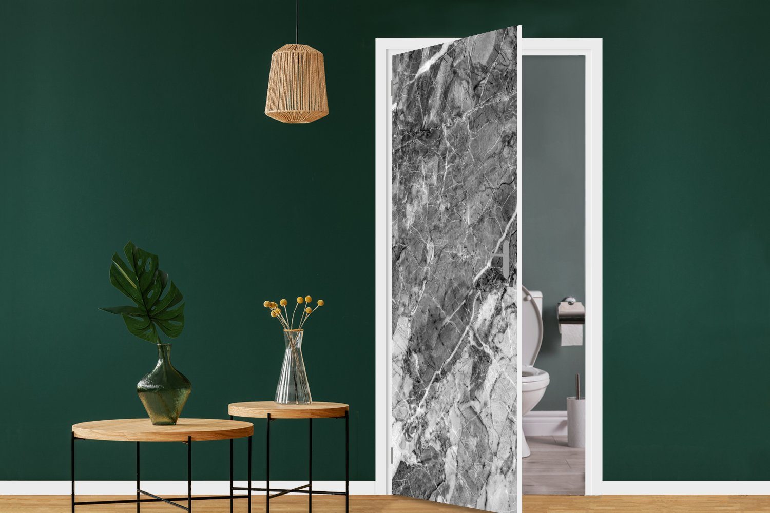 Schwarz bedruckt, Tür, - Weiß, Türtapete (1 cm St), - 75x205 Granit Kieselstein für - Fototapete MuchoWow Matt, Türaufkleber,