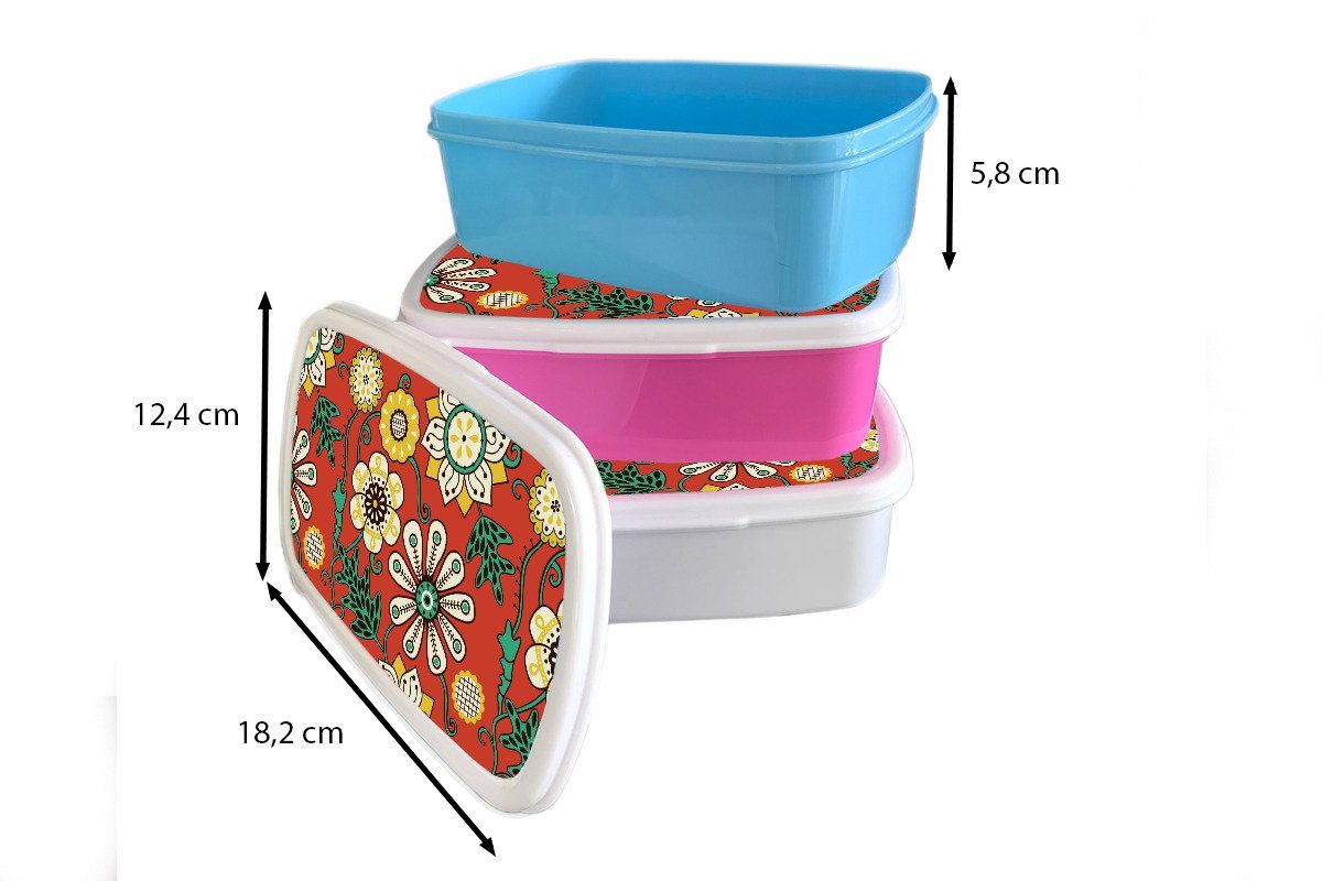 MuchoWow Lunchbox Design - - Kinder Hippie Brotdose, Mädchen und Brotbox Erwachsene, Kunststoff, Blumen (2-tlg), und für Jungs - Retro, weiß für