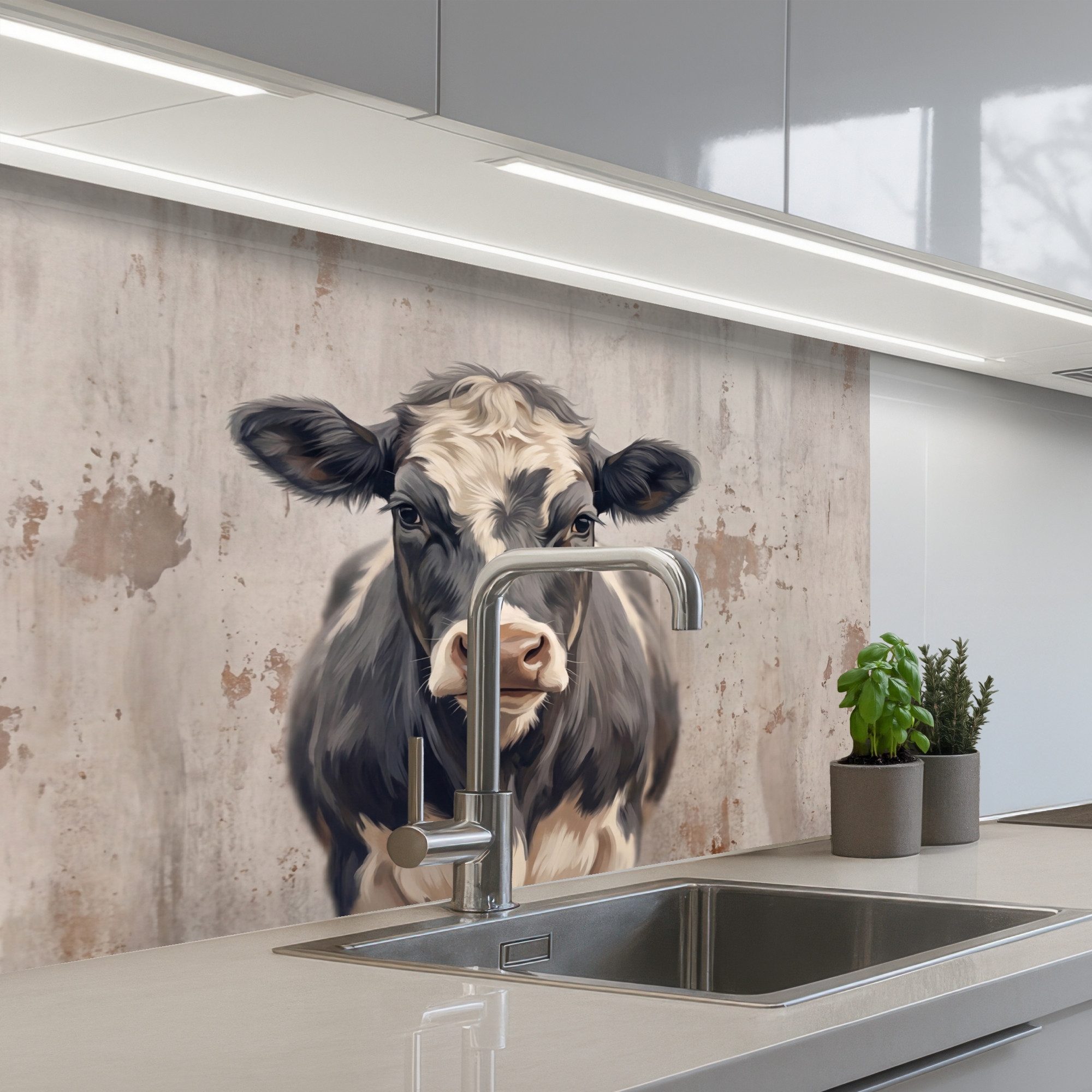 KitchenYeah Küchenrückwand selbstklebend (keine Folie) Kuh - Porträt - Tiere - Modern, (1-tlg), Spritzschutz, Küche, Rückwand, Küchenwand, Küchenfront, 80x60 cm
