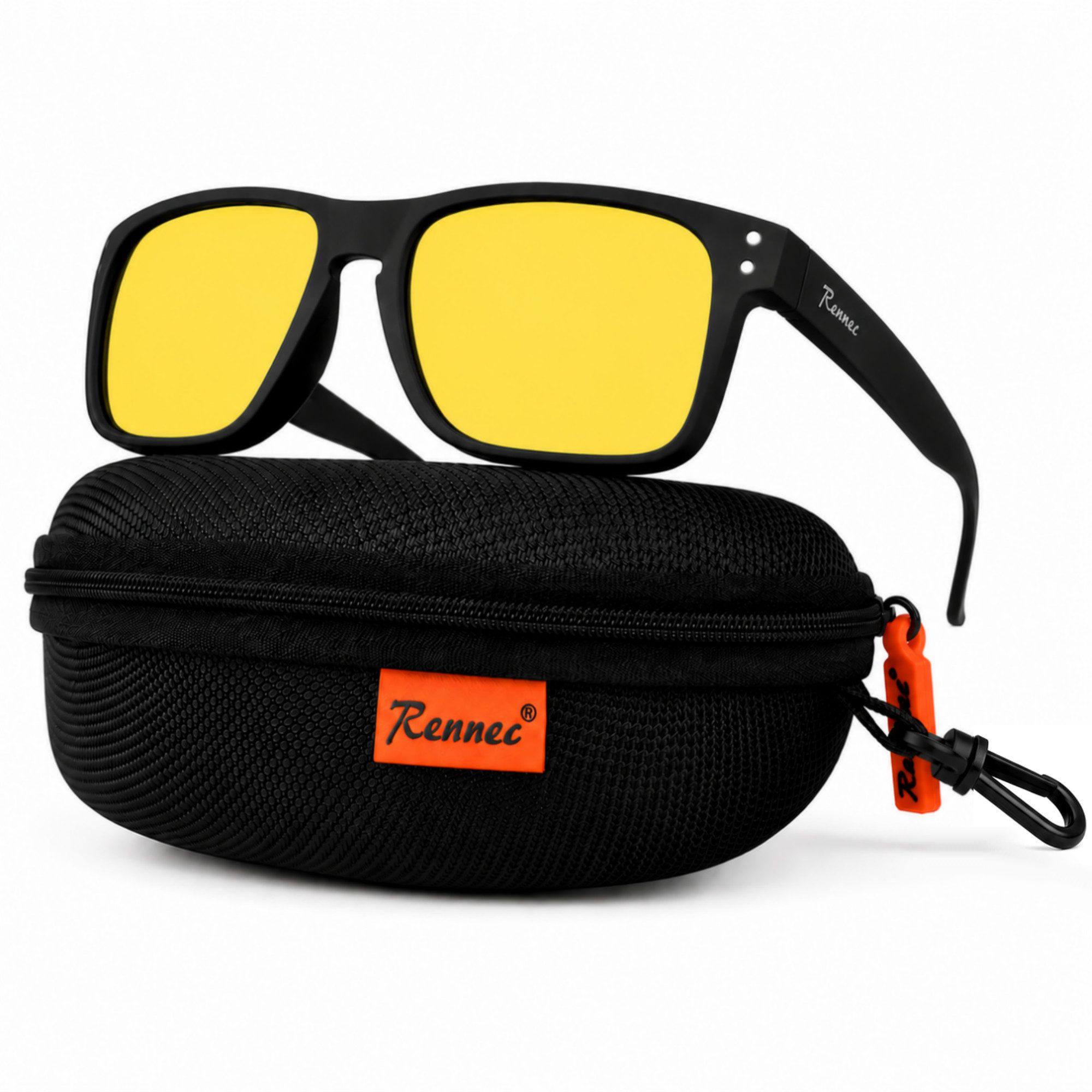 Rennec Sonnenbrille Herren Rechteckig Polarisiert Verspiegelt Markenbrille mit Hardcase Gläser UV400 Getönt oder Verspiegelt, stabile Bügelgelenke