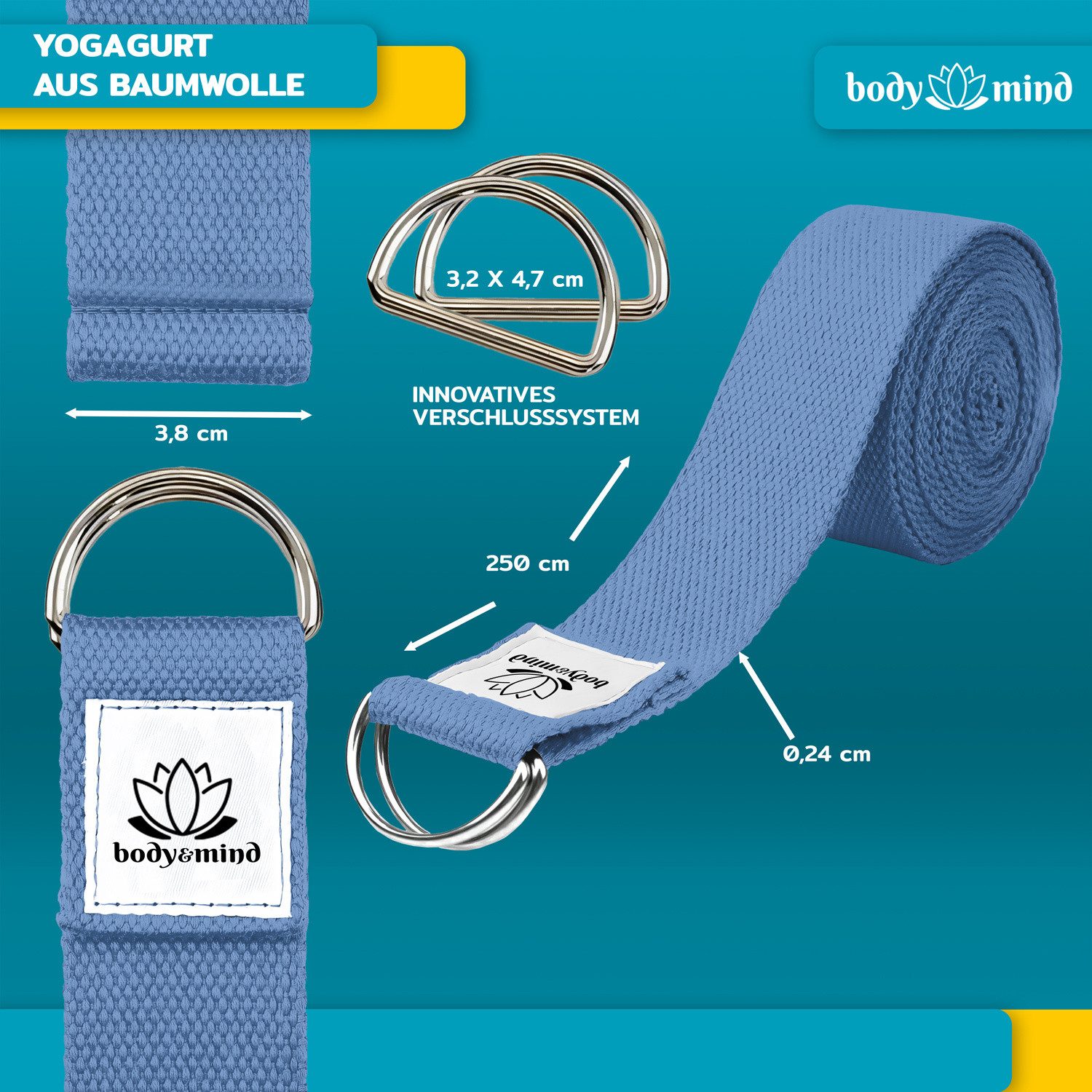 Body & Mind Yogagurt Body & Mind Yogagurt – Baumwolle Yoga Band mit D-Ring für Dehnung, Yoga-Band mit D-Ring-Verschluss