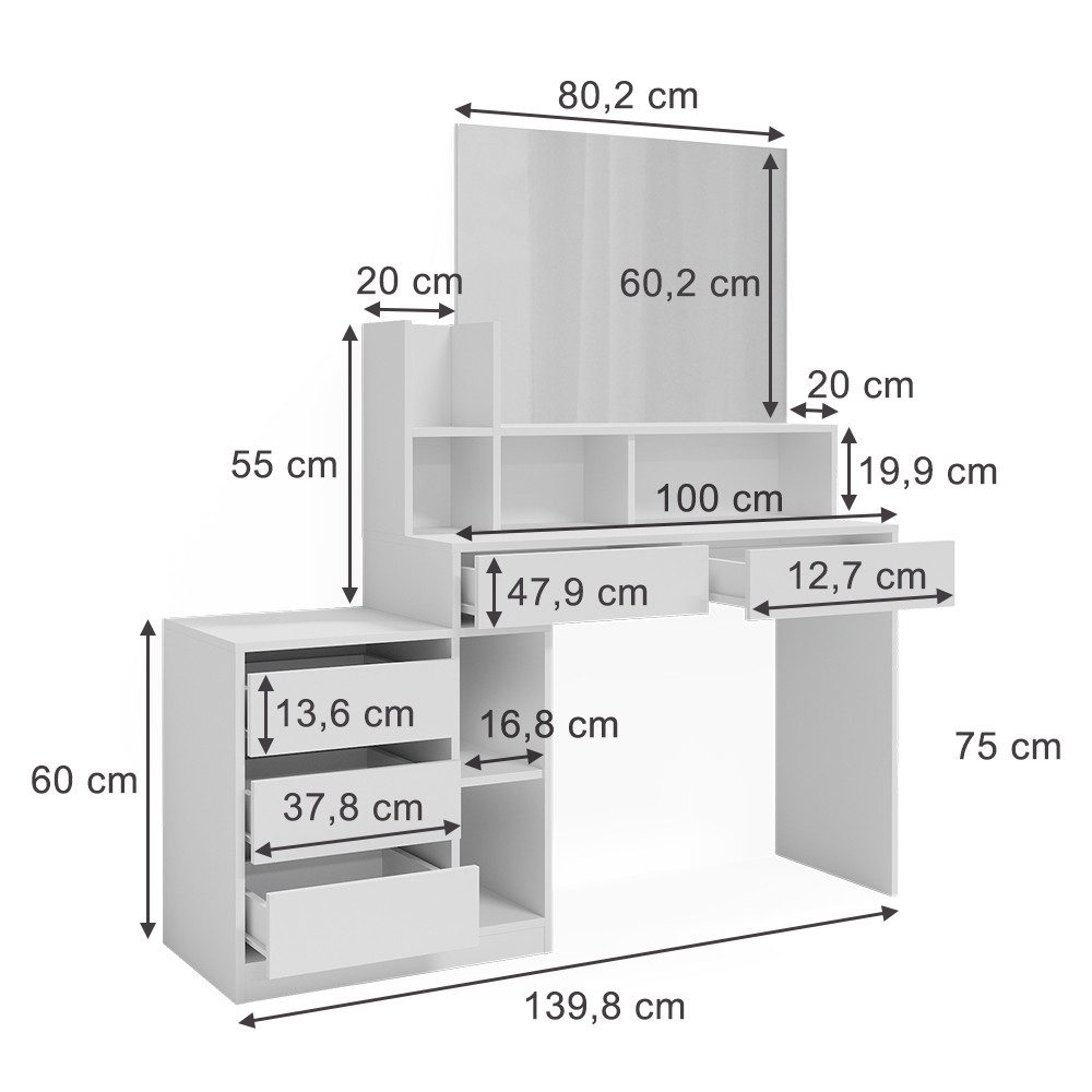 Vicco Schreibtisch Anja, Weiß, 139.8 x 40 cm mit Schubladen (1-St)