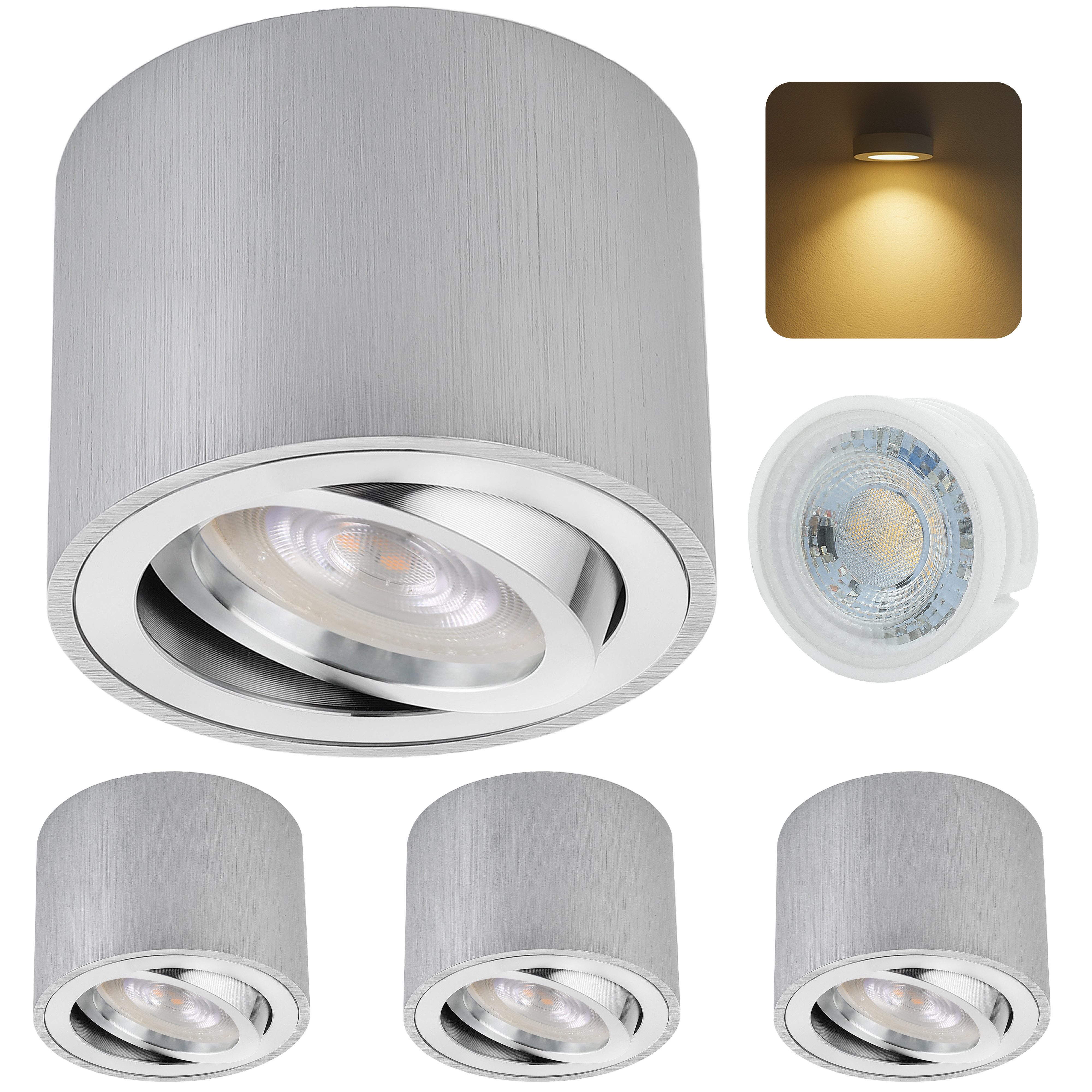 Sweet LED LED Aufbaustrahler 4er Set schwenkbare Aufbauspots LED flach 5W rund & silber, LED wechselbar, warmweiß, LED Deckenlampe, Deckenspot, Deckenstrahler, Strahler