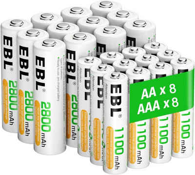 EBL AA Akku 2800mAh 8/12/16 Stück mit AAA Akku 1100mAh 8/12/16 Stück Akku 2800 mAh (1,2 V), 1,2V NI-MH wiederaufladbare Batterien