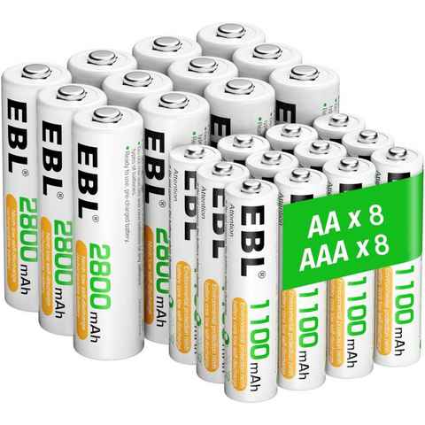 EBL AA Akku 2800mAh 8/12/16 Stück mit AAA Akku 1100mAh 8/12/16 Stück Akku 2800 mAh (1,2 V), 1,2V NI-MH wiederaufladbare Batterien