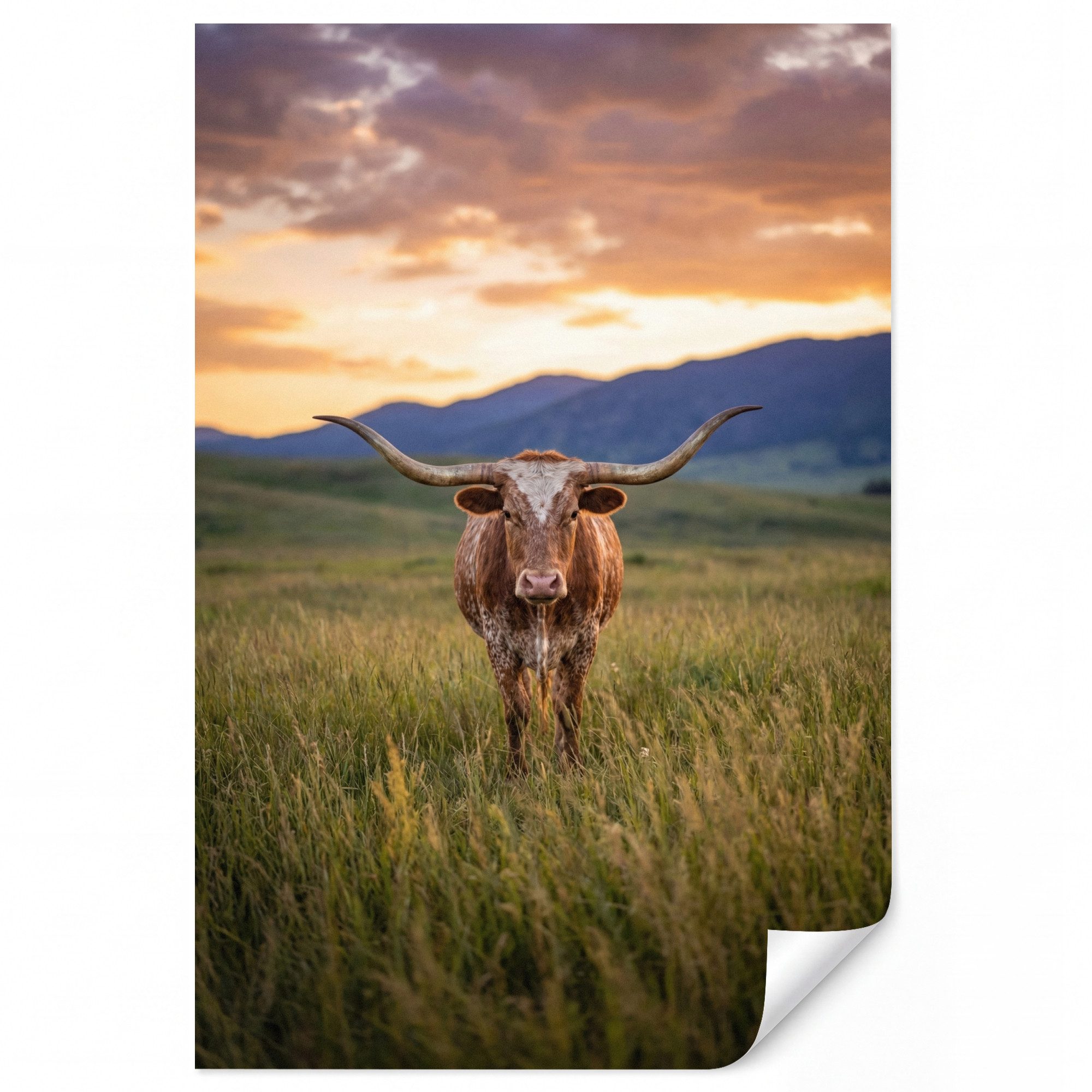 OnlyWow Fototapete Longhorn - Landschaft - Sonnenuntergang, Matt, bedruckt, Küche, Vinyl Tapete, Modern, Wanddekoration 140x220cm