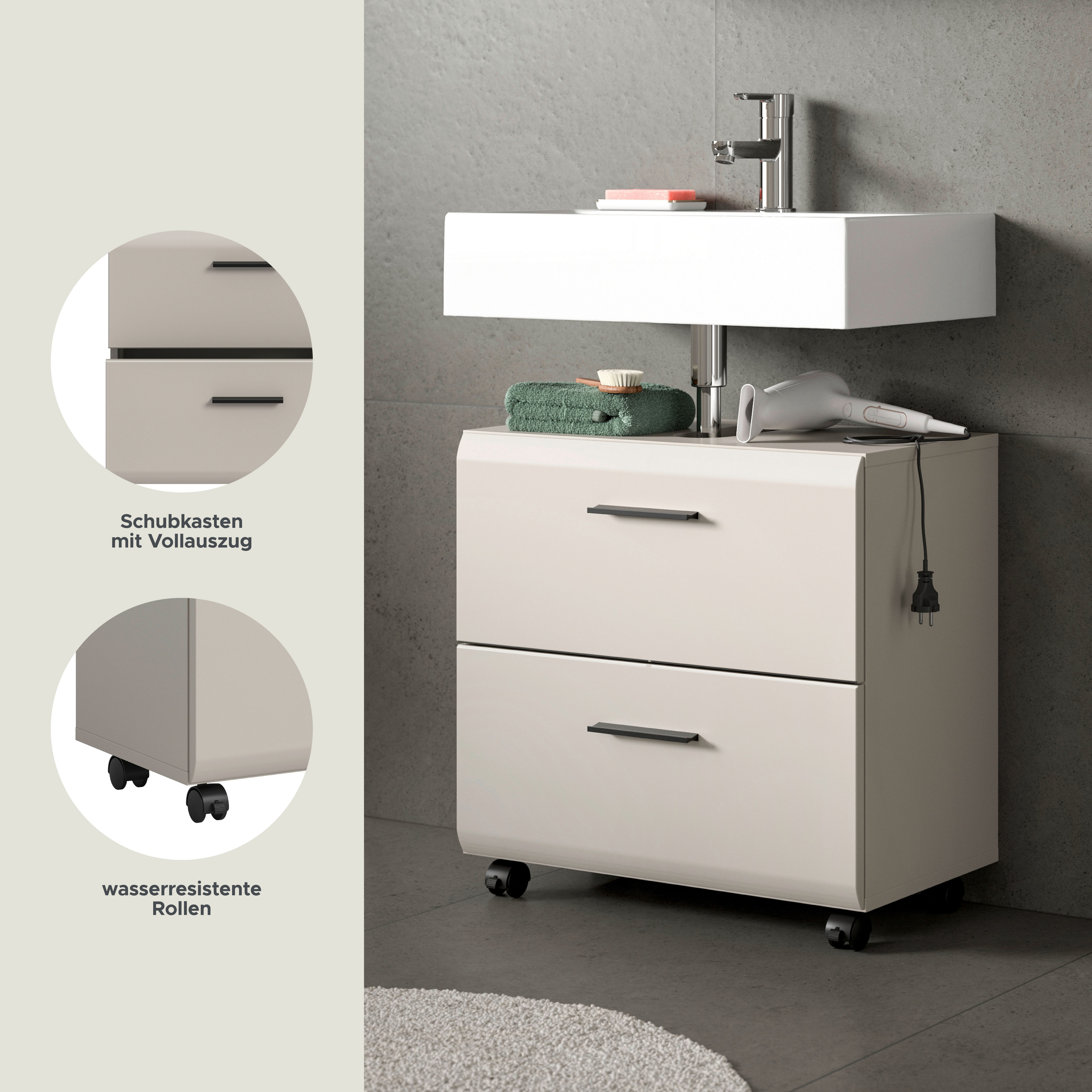 welltime Waschbeckenunterschrank FLORENZ, Breite 60cm, inkl. Siphonausschnitt, mit Türen oder Schüben (TOPSELLER) hochwertige MDF Front, Griff schwarz, Badschrank, Bad
