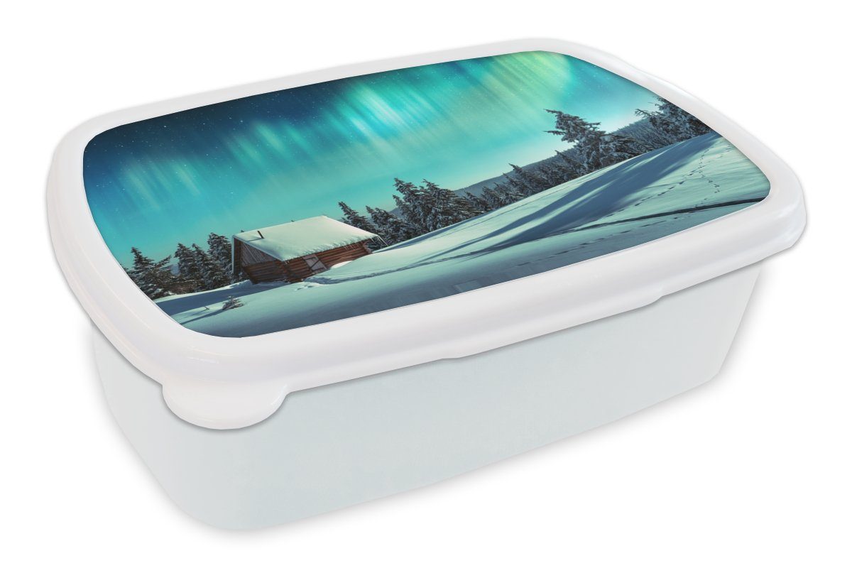 MuchoWow Lunchbox Nordlichter - Schnee - Haus - Winter, Kunststoff, (2-tlg), Brotbox für Kinder und Erwachsene, Brotdose, für Jungs und Mädchen weiß
