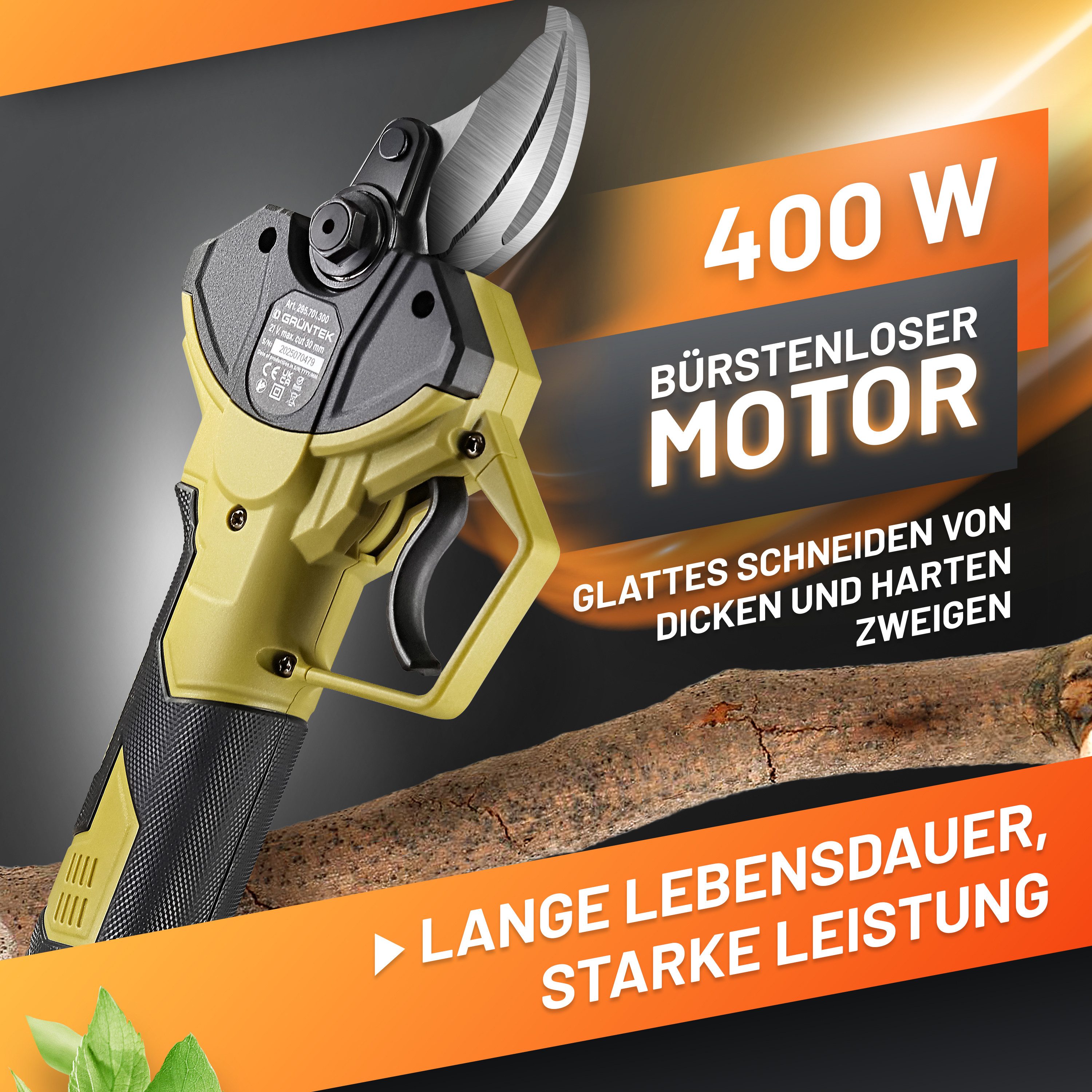 GRÜNTEK Astschere Premium Akku Astschere 21V 2Ah Brushless, Makita-Kompatibel, Ladezeit 60 Min, Gewicht 950g, Schnittgeschwindigkeit 0.8 Sek.