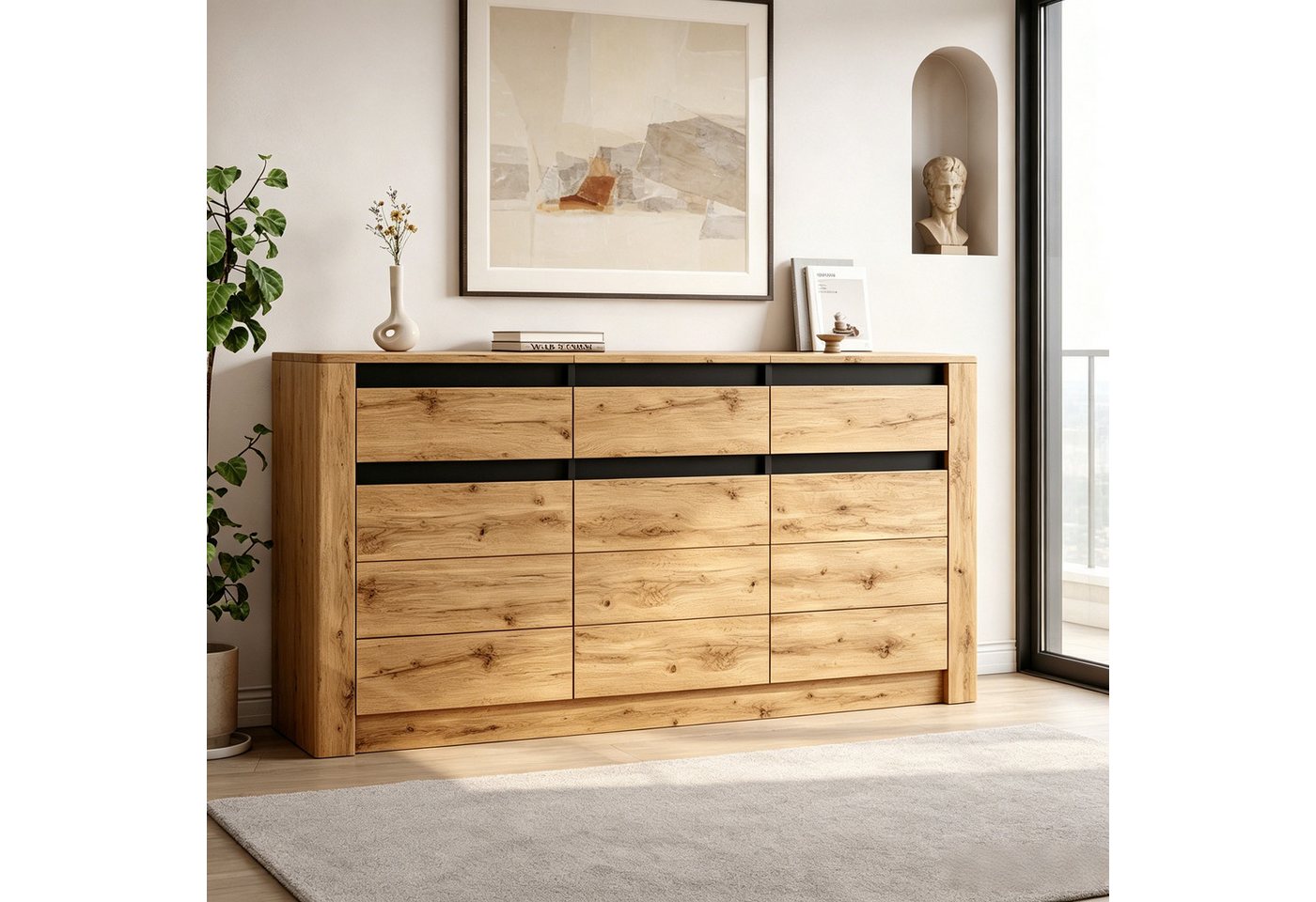Odikalo Sideboard Kommode Aufbewahrungsschrank mit Lagerbereiche Schubladen (Sideboard 140×35×70cm aus Spanplatte moderner Kommode für Wohnzimmer Kabinett mit 9 Lagerbereiche Beistellschrank mit 3 Schubladen Schrankfächern)