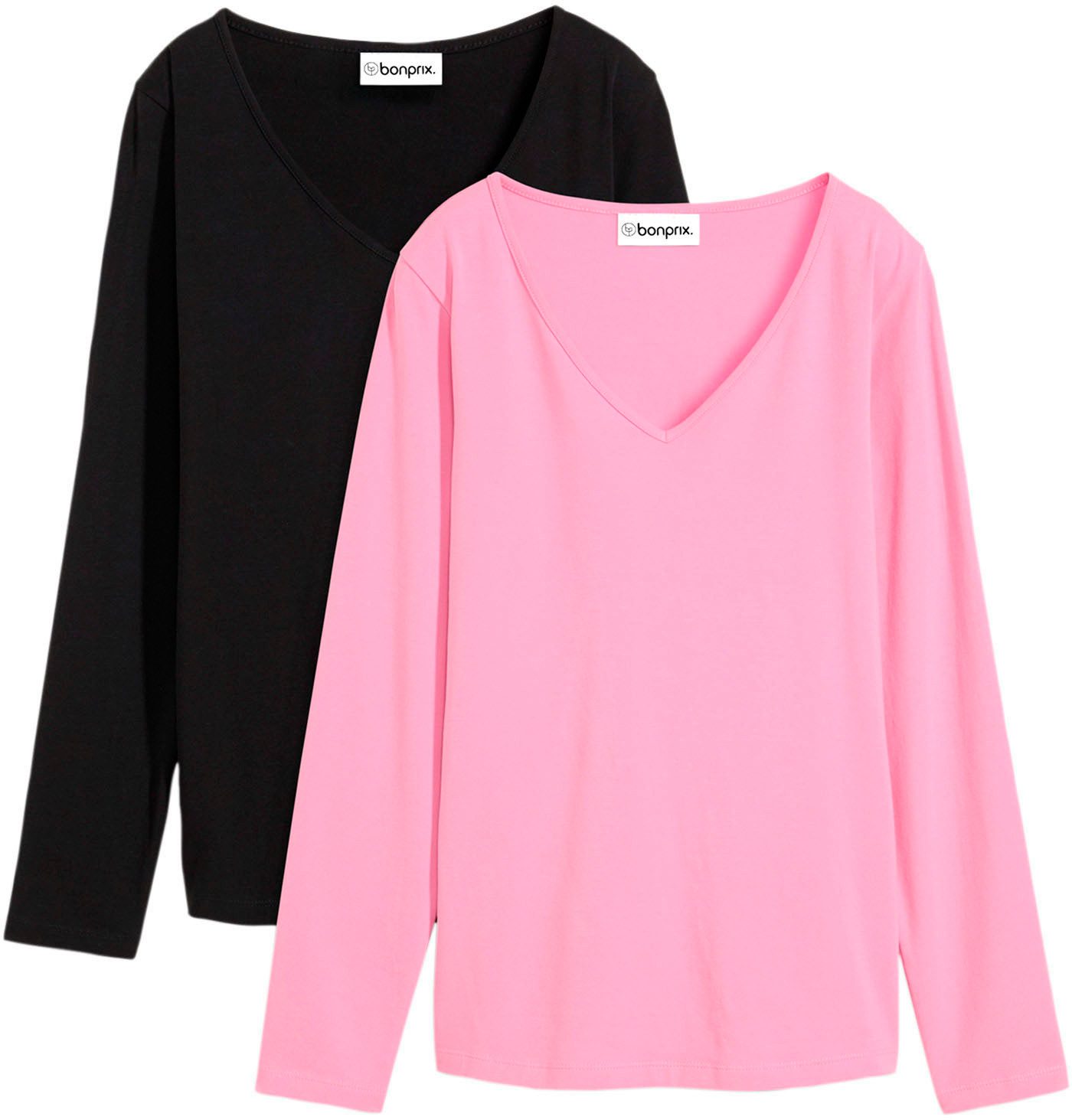 bonprix Langarmshirt (Packung, 2-tlg) Slim fit Passform, mit V-Ausschnitt, aus Baumwolle und Elasthan