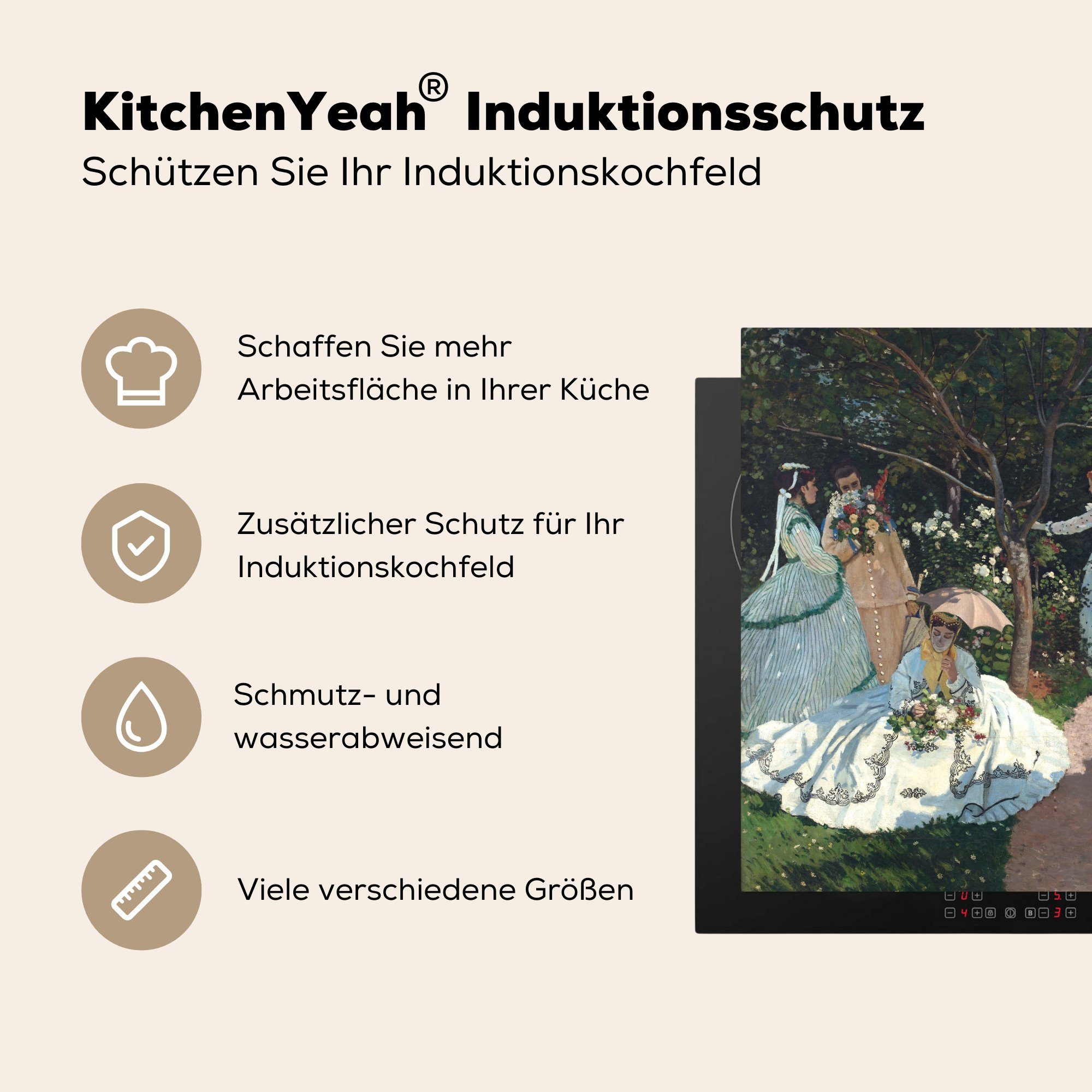 MuchoWow küche für im Herdblende-/Abdeckplatte Frauen 78x78 Vinyl, Ceranfeldabdeckung, Garten cm, tlg), - (1 Monet, Arbeitsplatte Claude