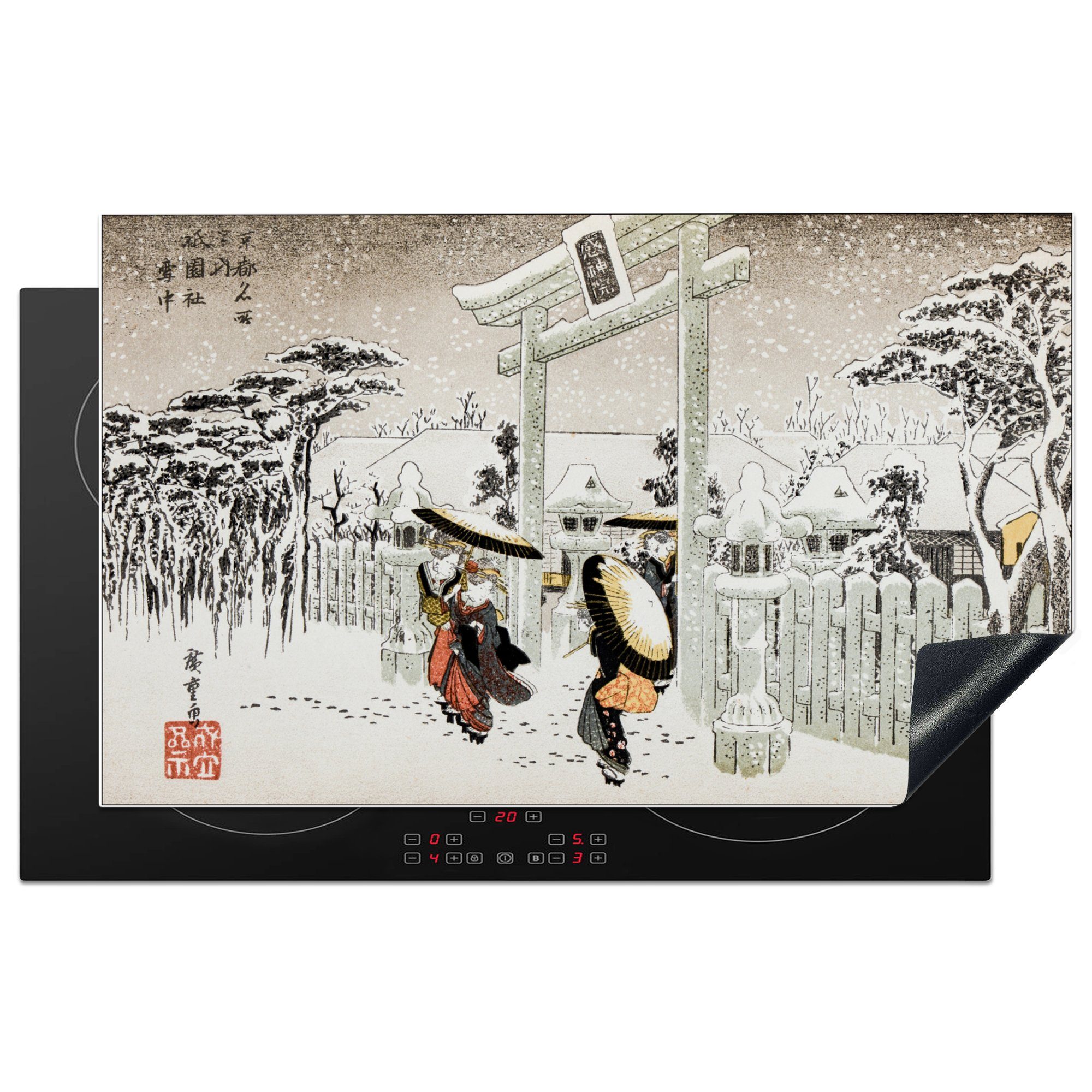 Japanische Winter MuchoWow Illustrationen Vinyl, Herdblende-/Abdeckplatte Ceranfeldabdeckung, Tempel, cm, küche (1 tlg), Arbeitsplatte für - 83x51 -