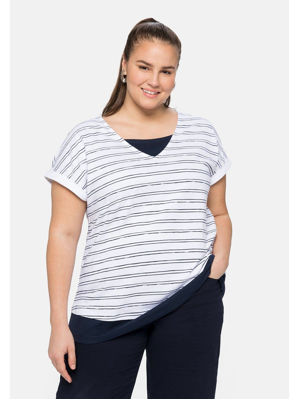 im weiß-marine Sheego Baumwolle reiner T-Shirt Größen aus Lagenlook, Große