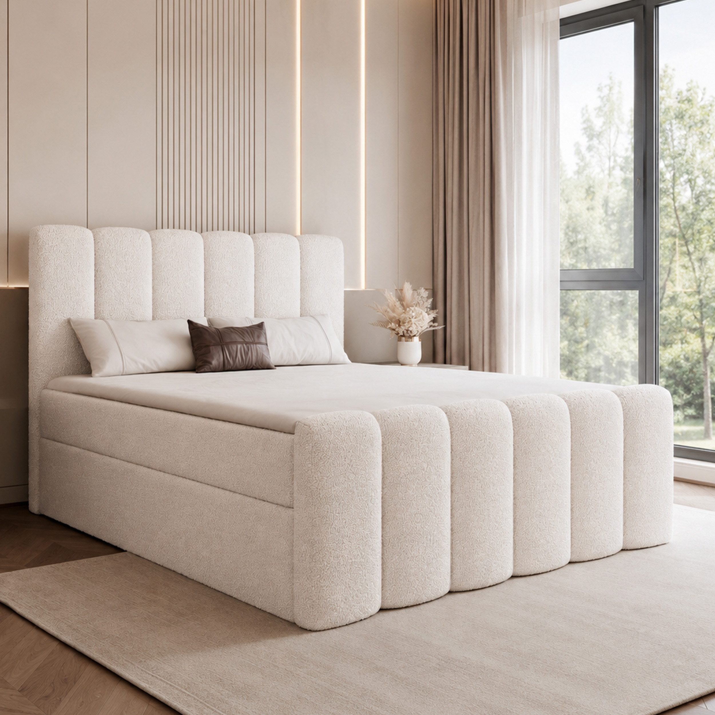 Goldstoff Boxspringbett Elegantes Bett "ETERNA" mit Stauraum & hohem Schlafkomfort (120–200x200 cm, Seitenhöhe: 54 cm), Modernes Polsterbett mit Stauraum & komfortabler Liegehöhe