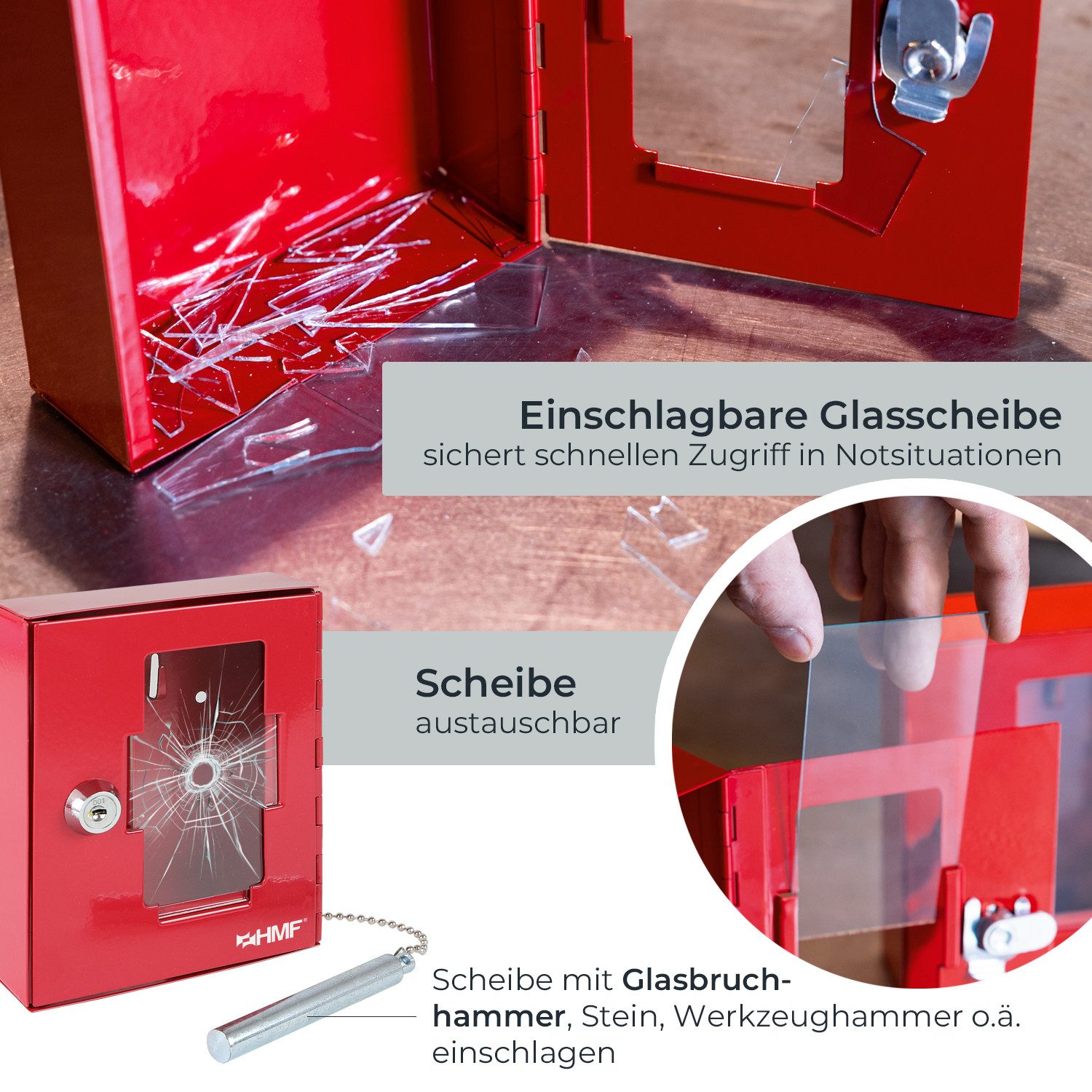 HMF Schlüsselkasten Schlüsselkasten abschließbarer Notschlüsselkasten, mit 2 Schlüsseln, mit Hammer, 15 x 12 x 4 cm, RAL 3001 Signalrot