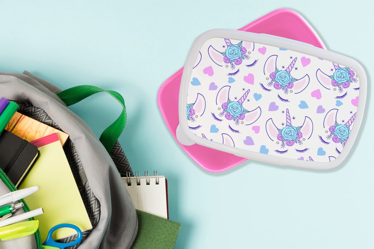 Kunststoff, MuchoWow Brotbox - - - Mädchen - Mädchen, Blumen Kinder Snackbox, - (2-tlg), Kunststoff Brotdose - Lunchbox Kinder, für Erwachsene, rosa Mädchen Kinder, Muster Einhorn