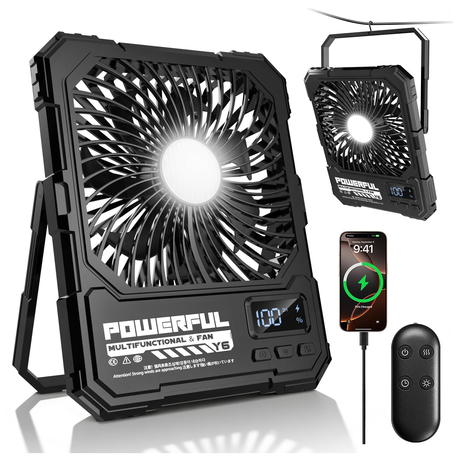 AIBISTAR Tischventilator Tragbarer Camping Ventilator 20000mAh,mit LED/Powerbank/Timer, Zelt Ventilator mit 5 Stufen,Fernbedienung,3-stufige LED,Metallhaken