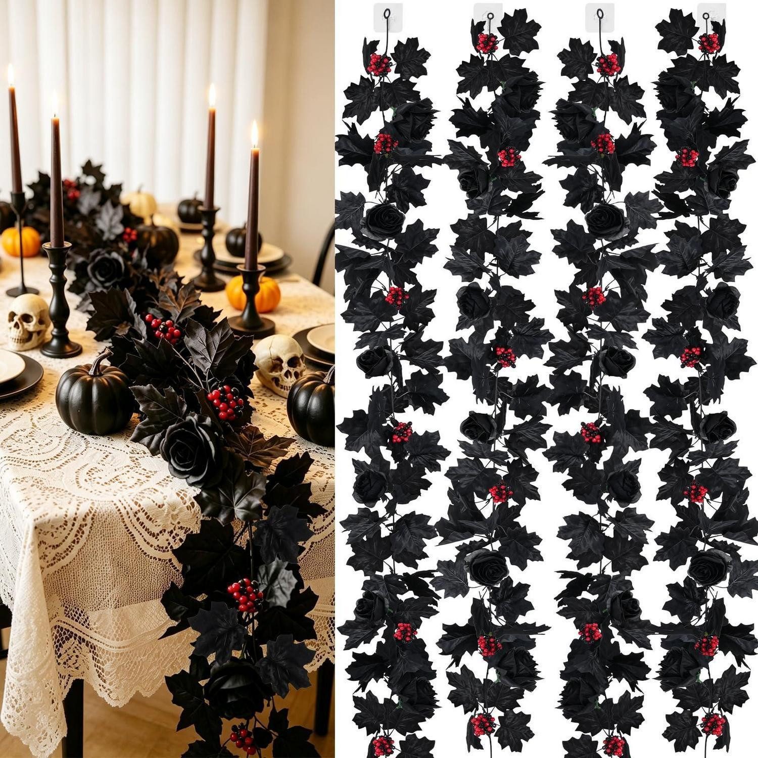 Kunstgirlande Girlande Halloween Schwarz Rosen Ahornblätter 1,7m 4Stk, LuxusKollektion, Höhe 173 cm