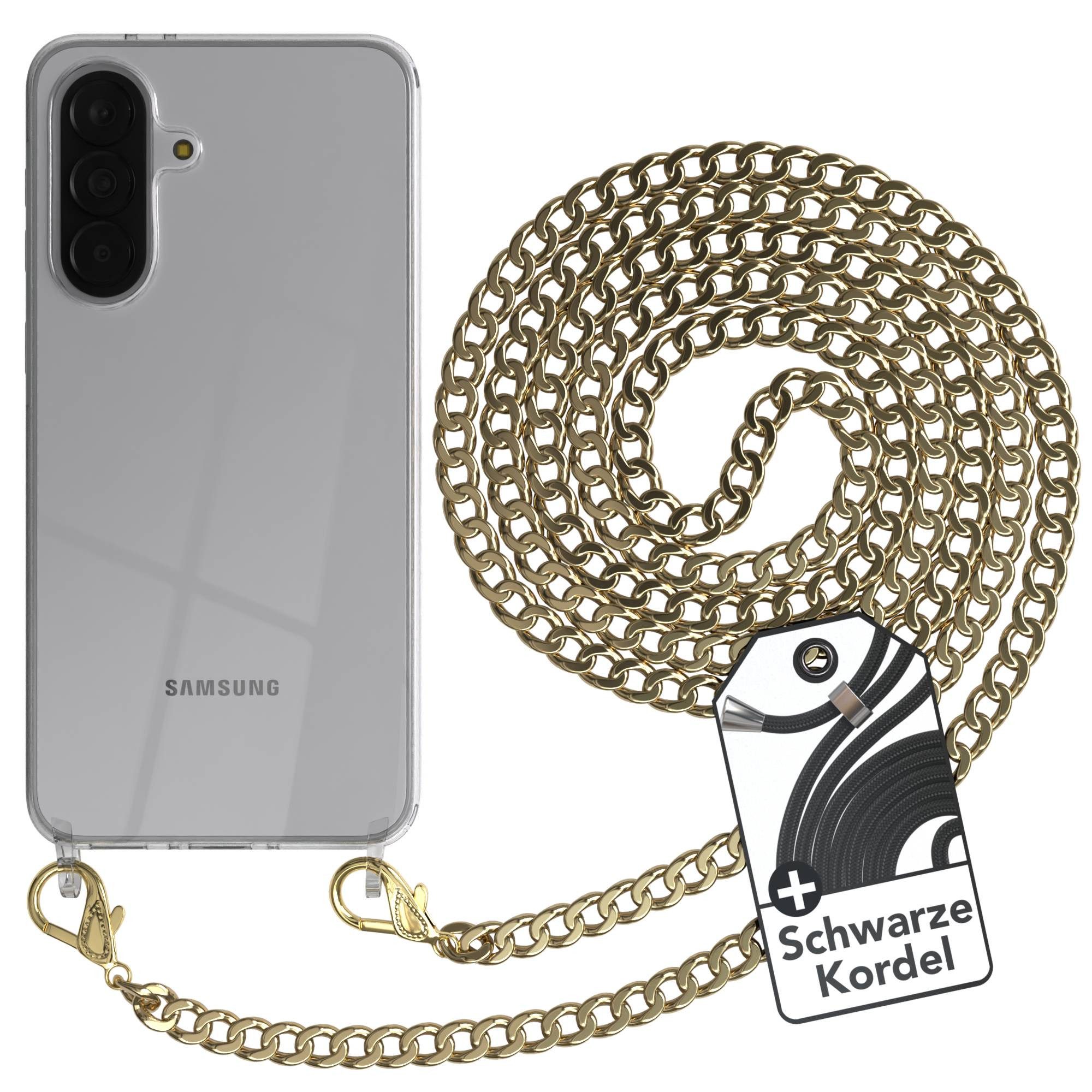 EAZY CASE Handykette 2in1 Metallkette für Samsung Galaxy A37 6,7 Zoll, Hülle mit Band Silikonhülle durchsichtig Necklace Cover Slimcover Gold