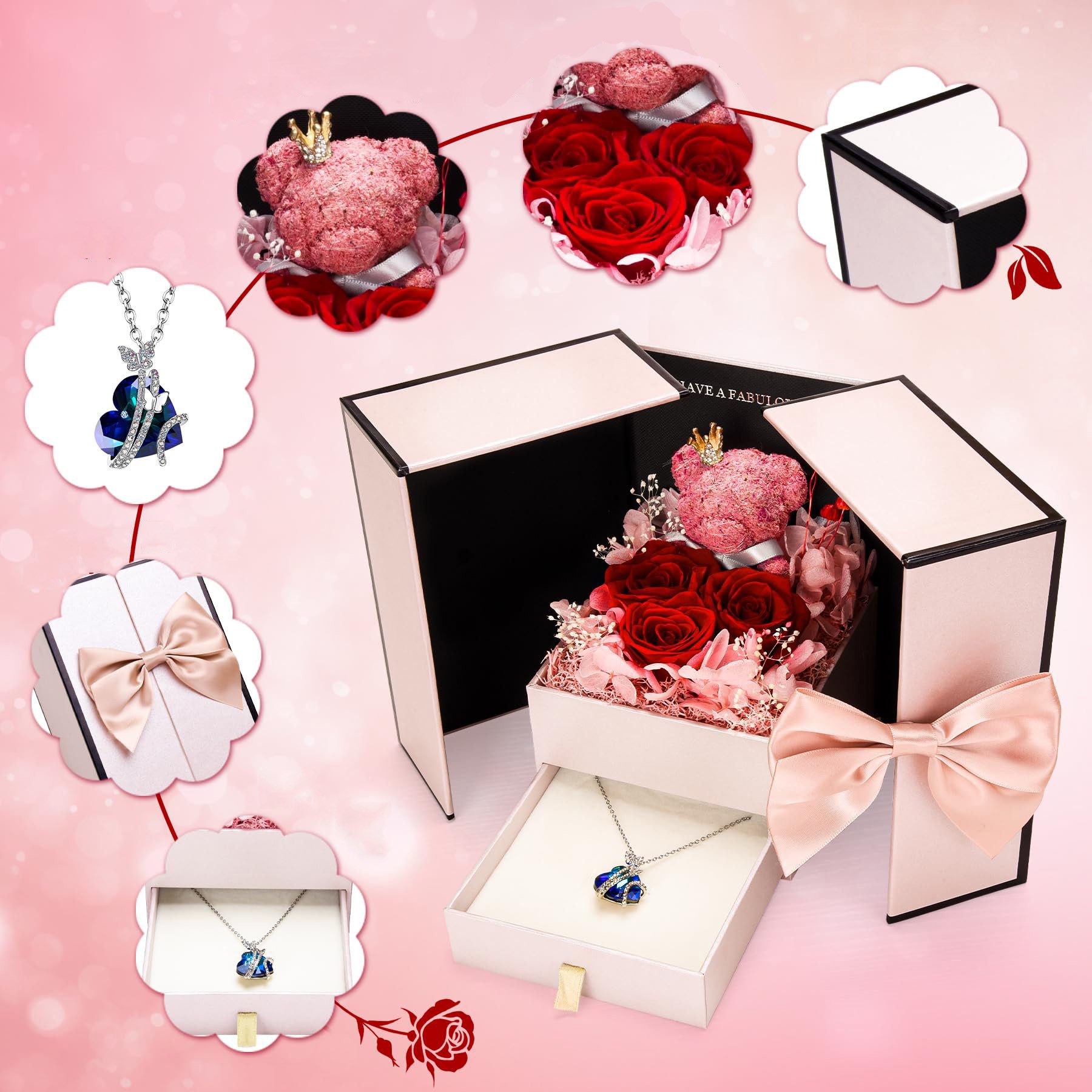 Bextsrack Schmuckset Ewige Rose mit Herz-Halskette – Konservierte Rose in Geschenkbox (1-tlg), Schmuckgeschenk für Sie – ideal zu Weihnachten & Valentinstag