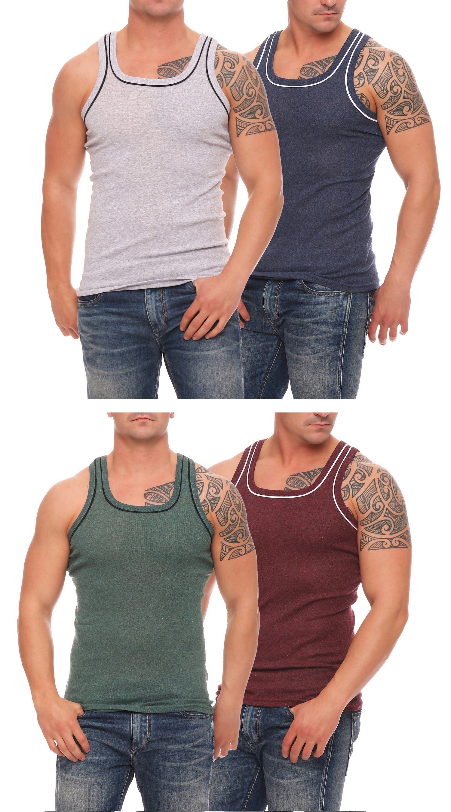 Cocain underwear Unterhemd Farbiges Herren Unterhemd Feinripp Vollachsel Baumwolle Hemd bunt (Packung, 4-St) produziert in Europa, farblich abgesetzte Träger und Halsausschnitt