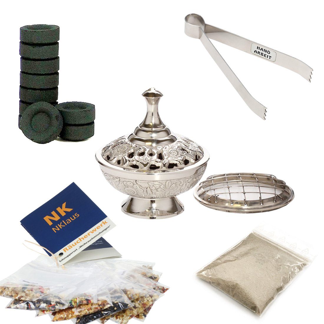 NKlaus Räucherschale 14tlg Set Räuchergefäß 10tlg Räucherwerk 40g Räuchersand Räucherkohle, Räucherstövchen